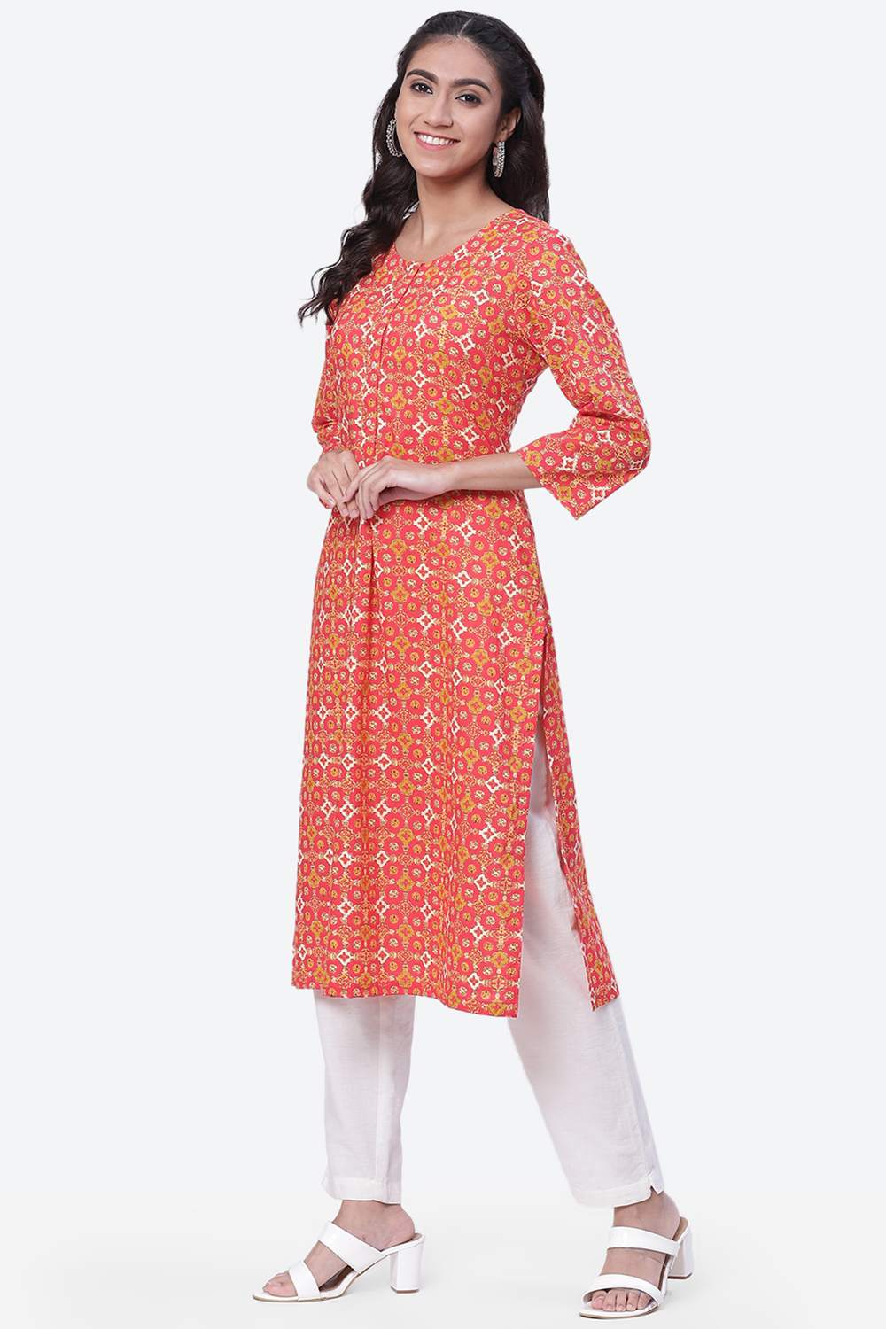 Coral Pink Cotton A-Line Kurta image number 2