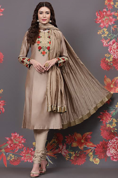 Rohit Bal Beige Silk & Cotton Flared Kurta Suit Set image number 0