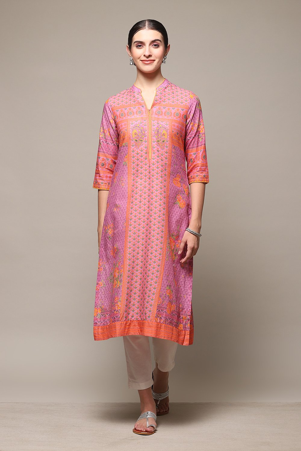 Pink Cotton Straight Printed Kurta image number 5