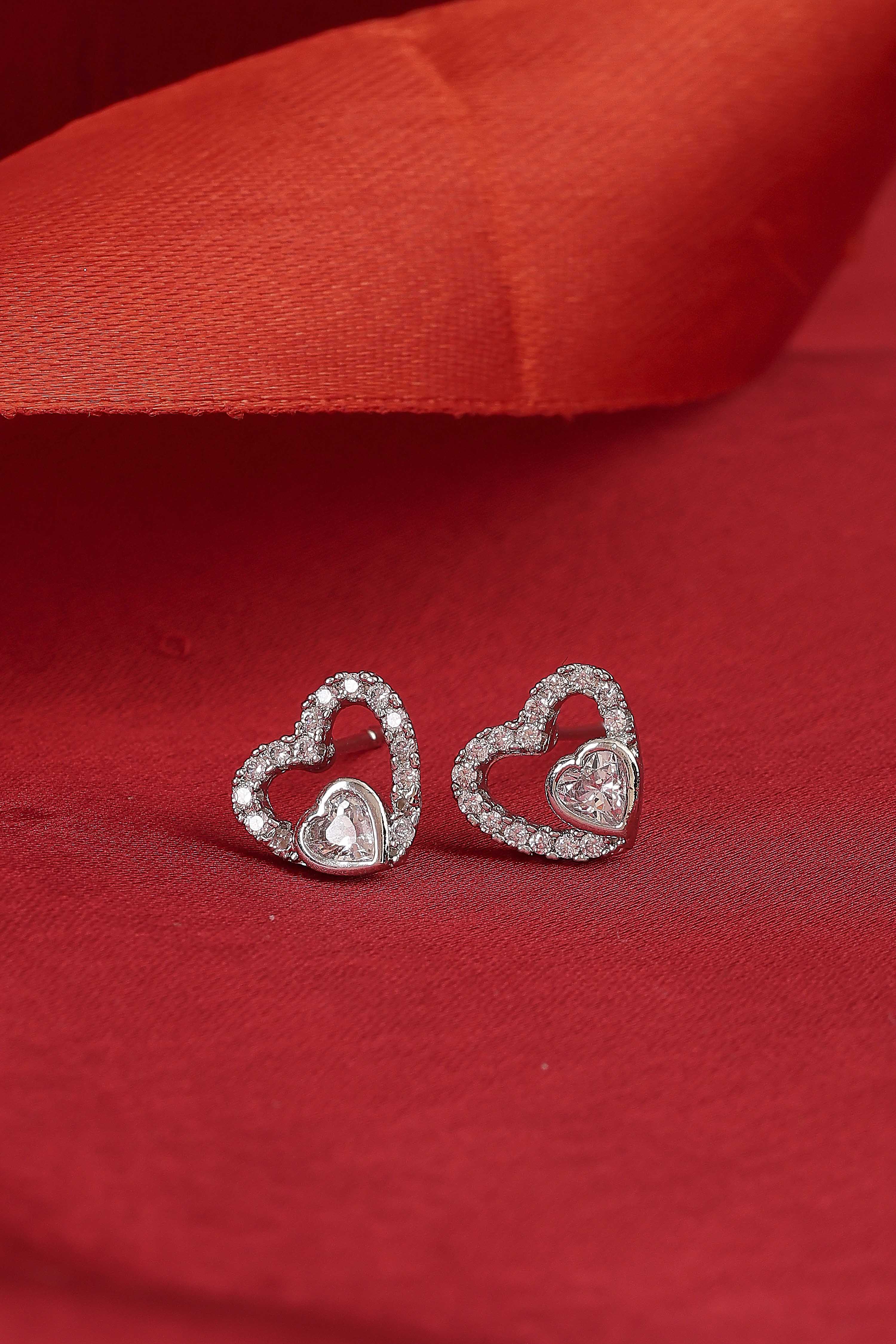 Silver Plated Brass Twin Heart-Shaped Stud Earrings image number 1