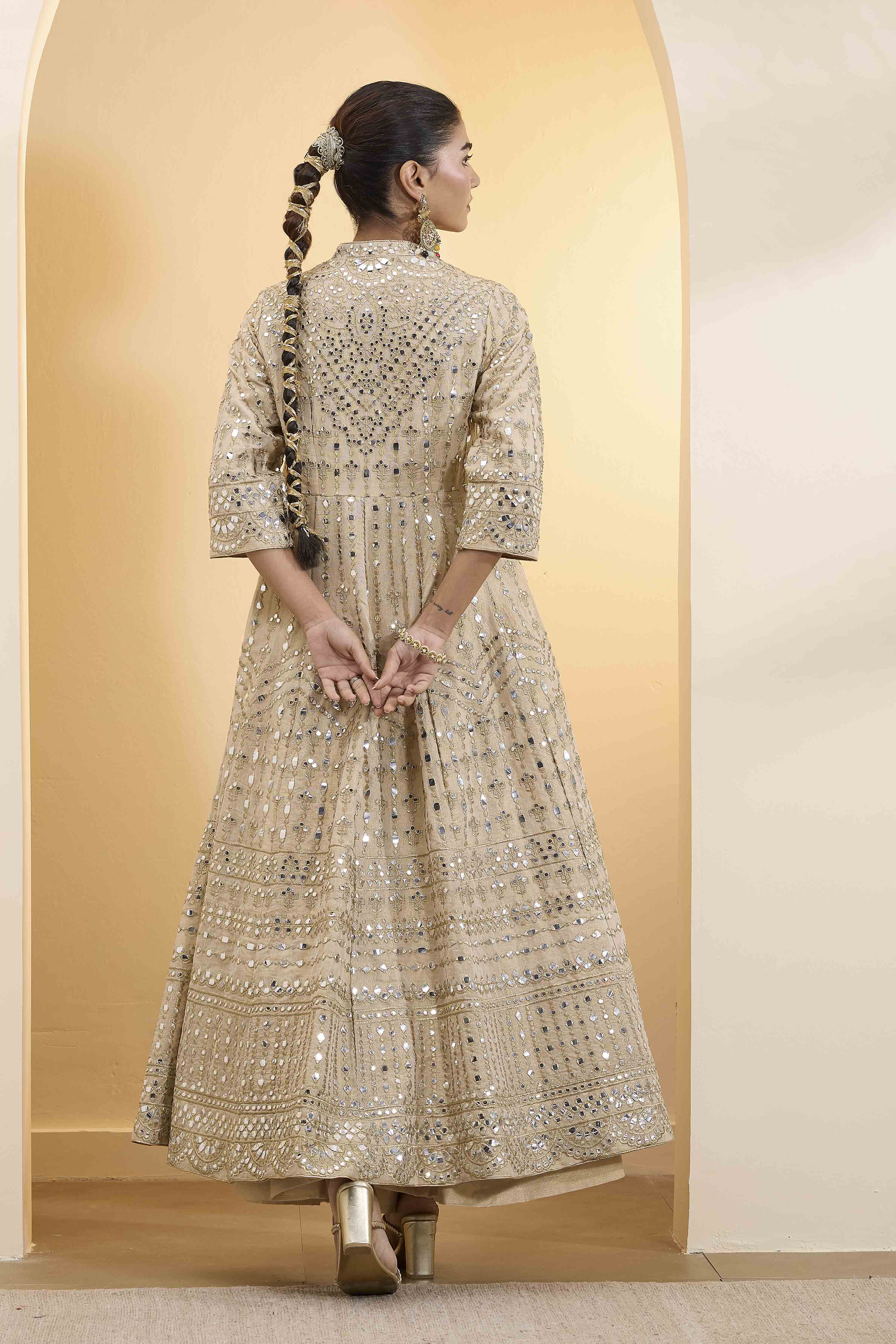 Beige Cotton Zari Tissue Kalidar Suit Set image number 4