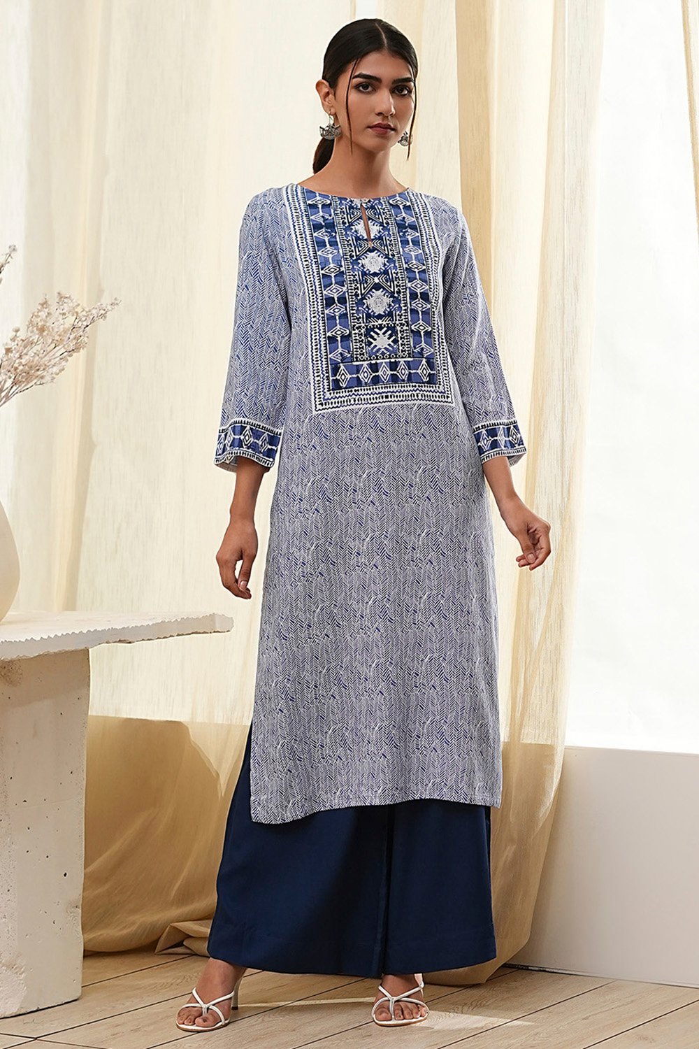 Beige Printed Straight Kurta image number 5