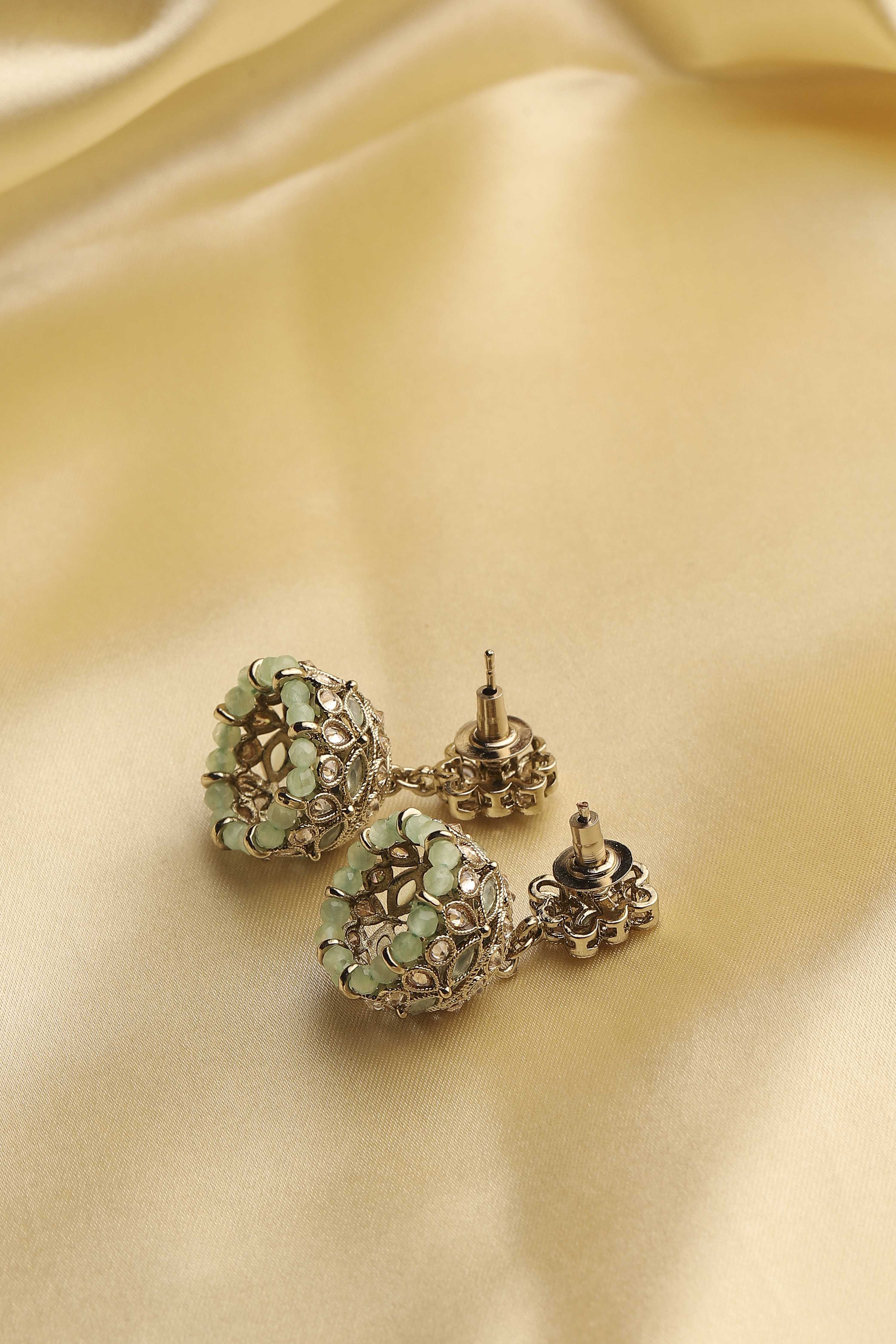 Mint Green Gold Plated Alloy Studded Jhumkas image number 2