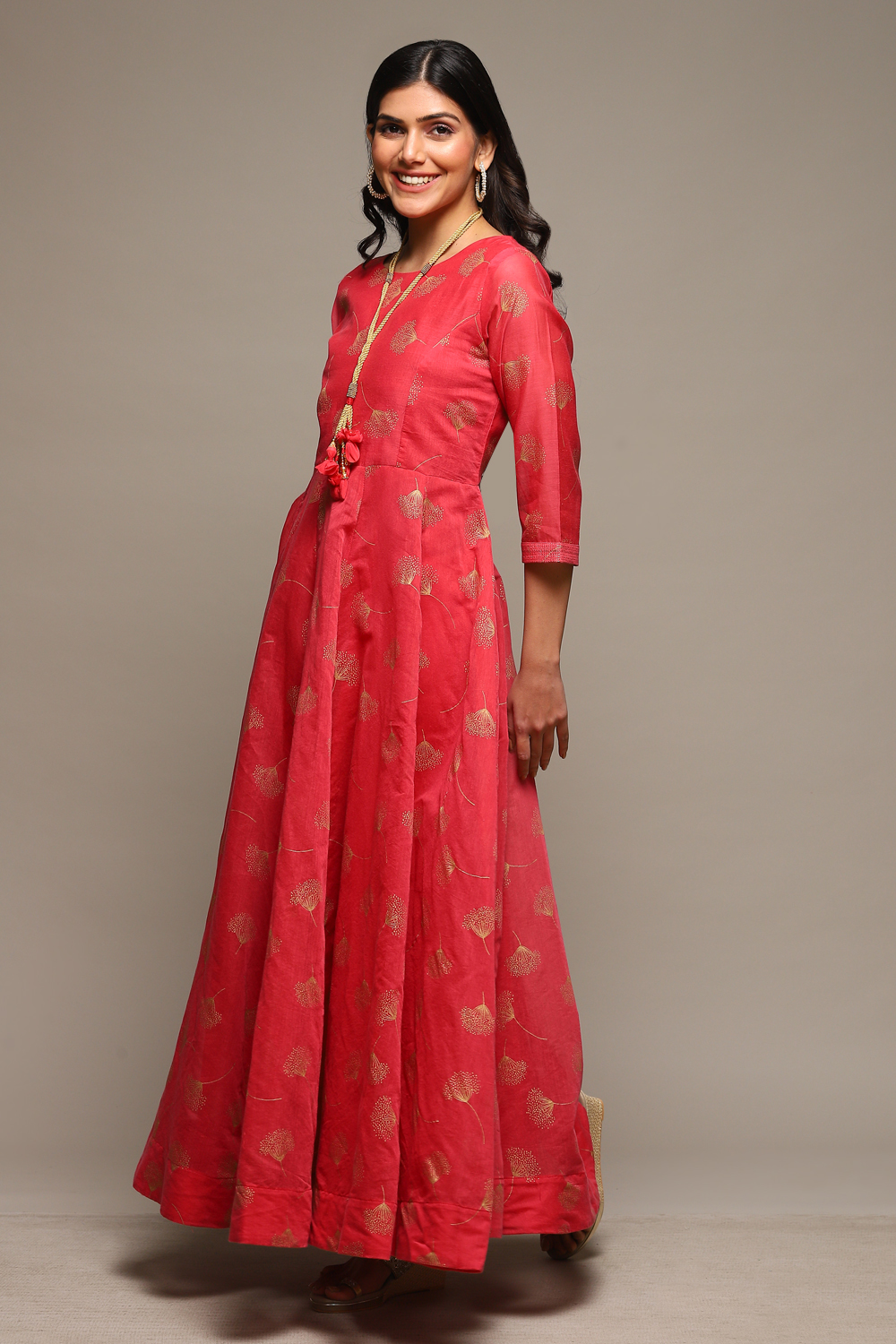 Pink Cotton Blend Flared Printed Dress image number 2