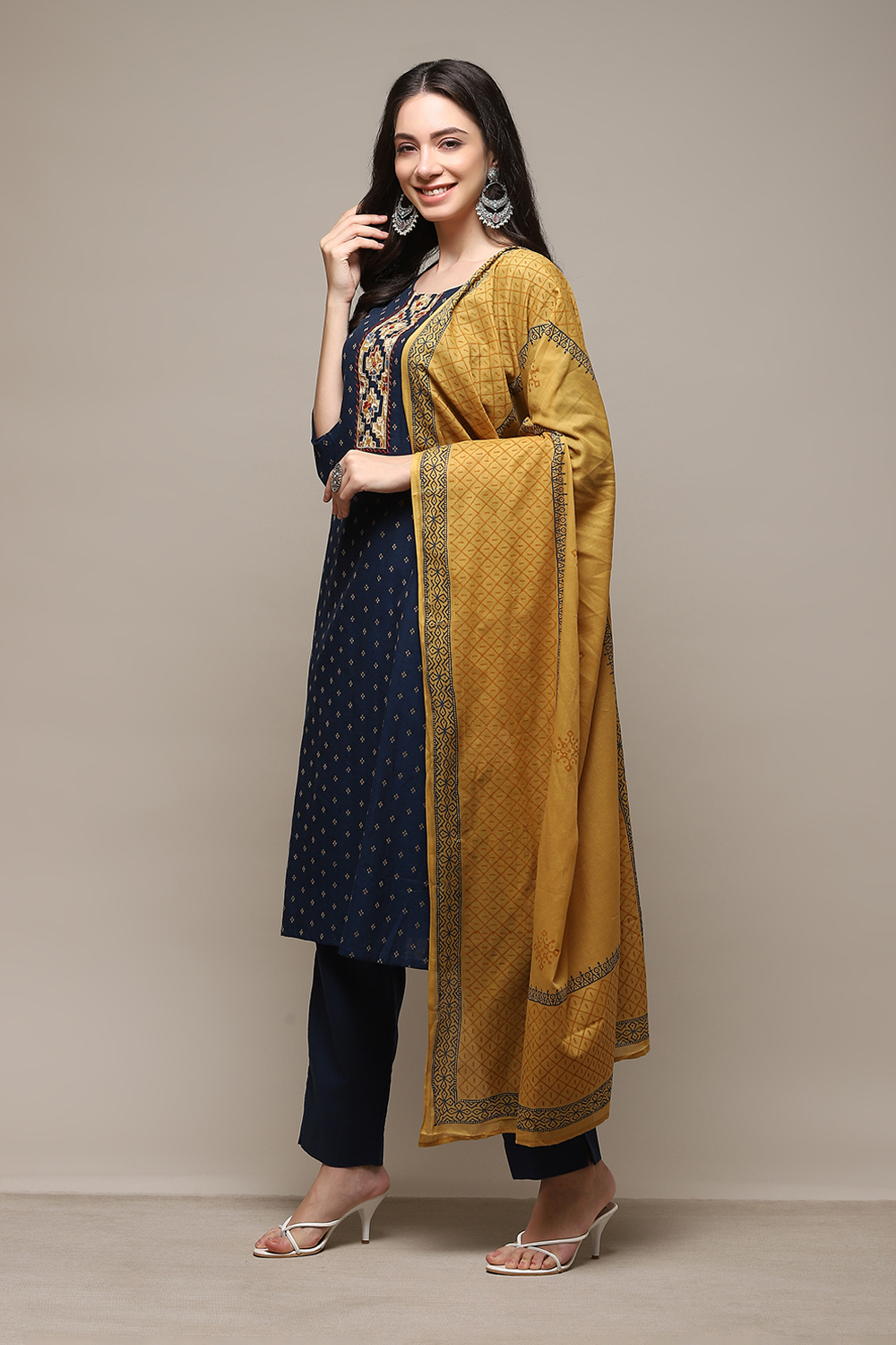 Blue Cotton Printed Unstitched Suit Set image number 6