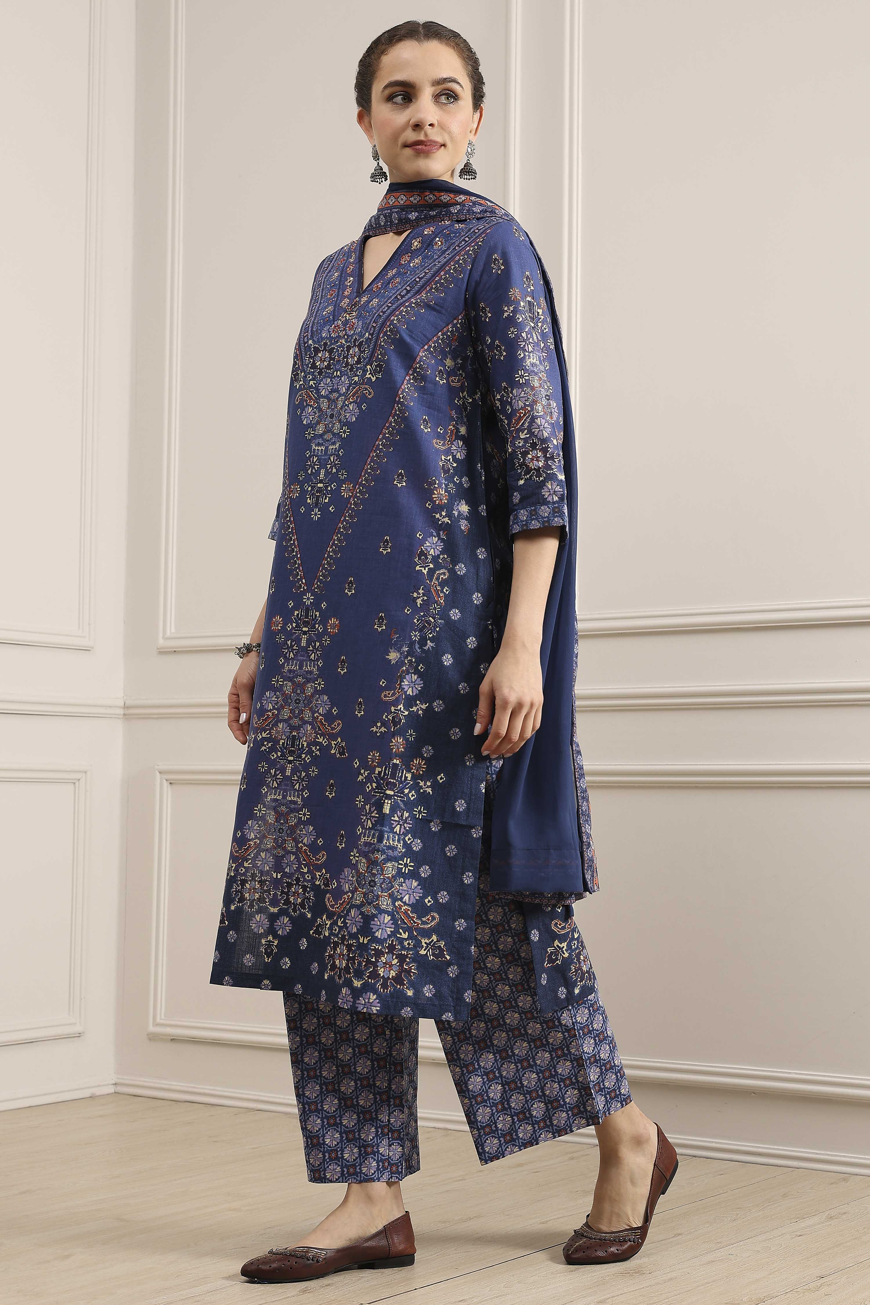 Blue Cotton Straight Printed Suit Set image number 3