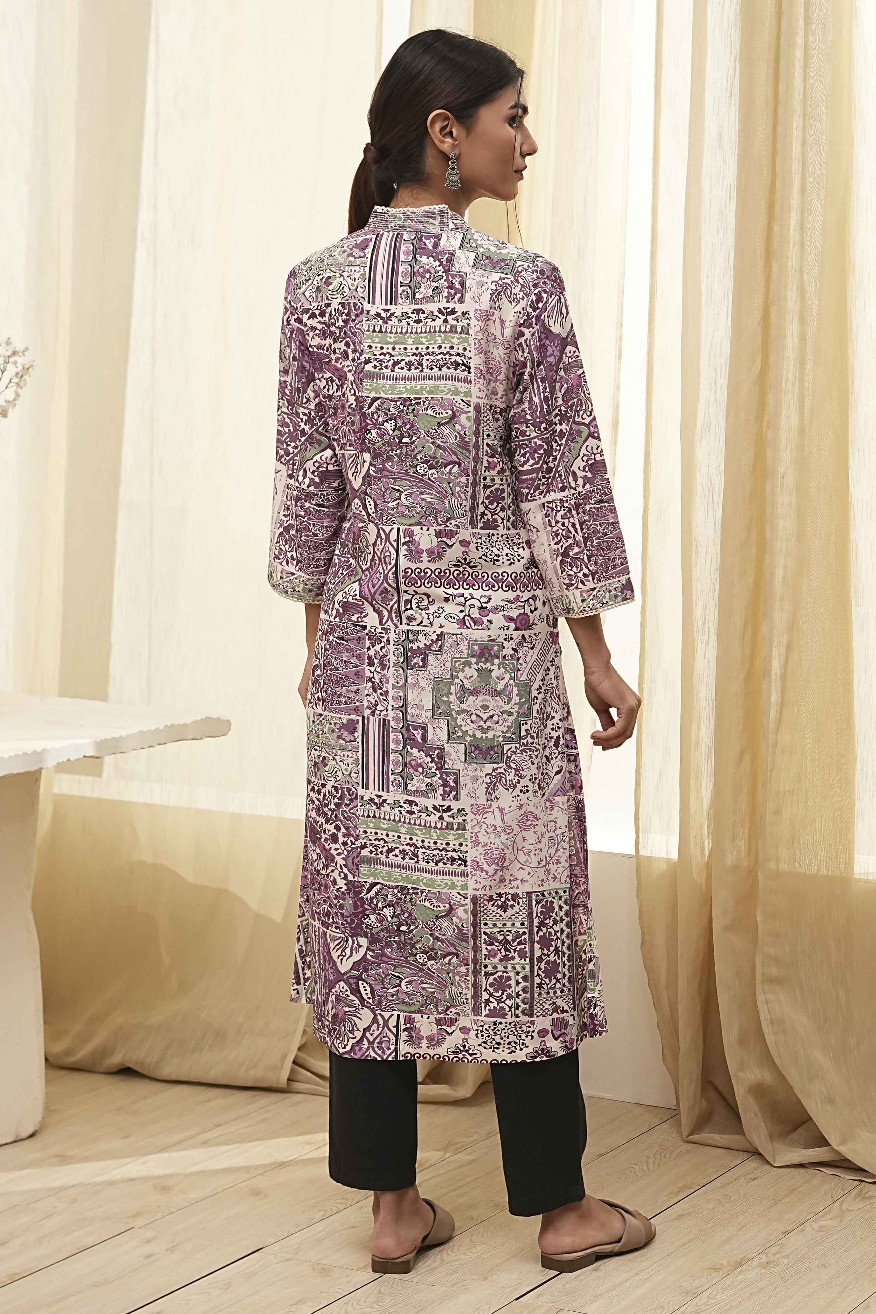 Plum and Off-White Printed Straight Kurta image number 3