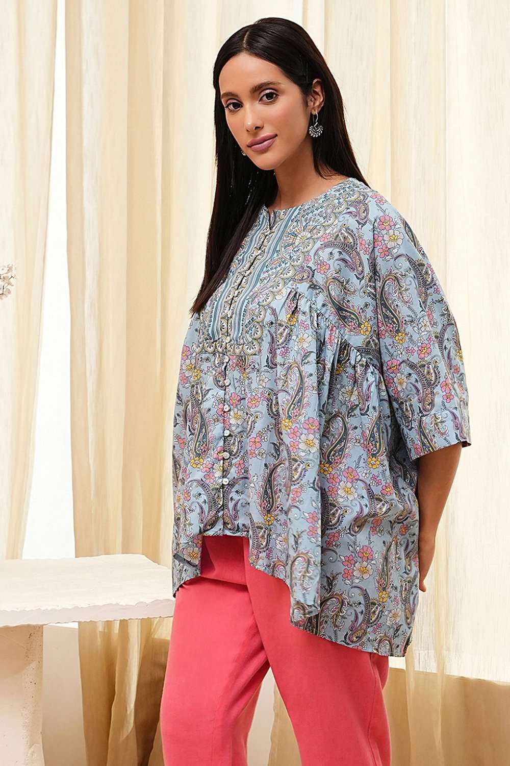 Dull Blue Cotton Flared Short Kurta image number 2