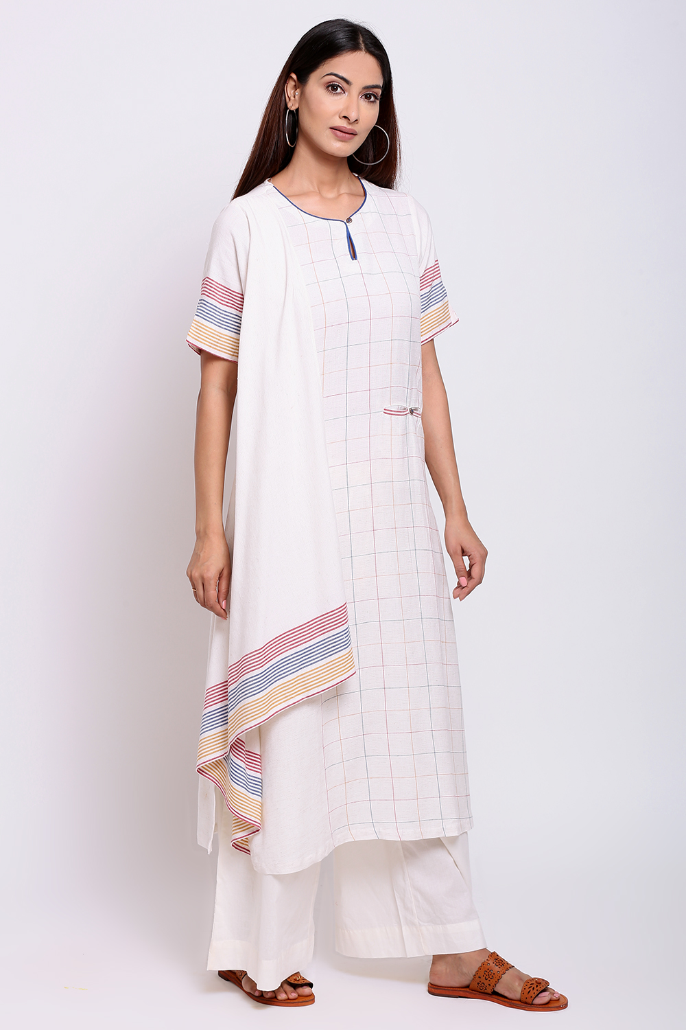 Off White Cotton A-Line Kurta Flared Palazzo Suit Set image number 4