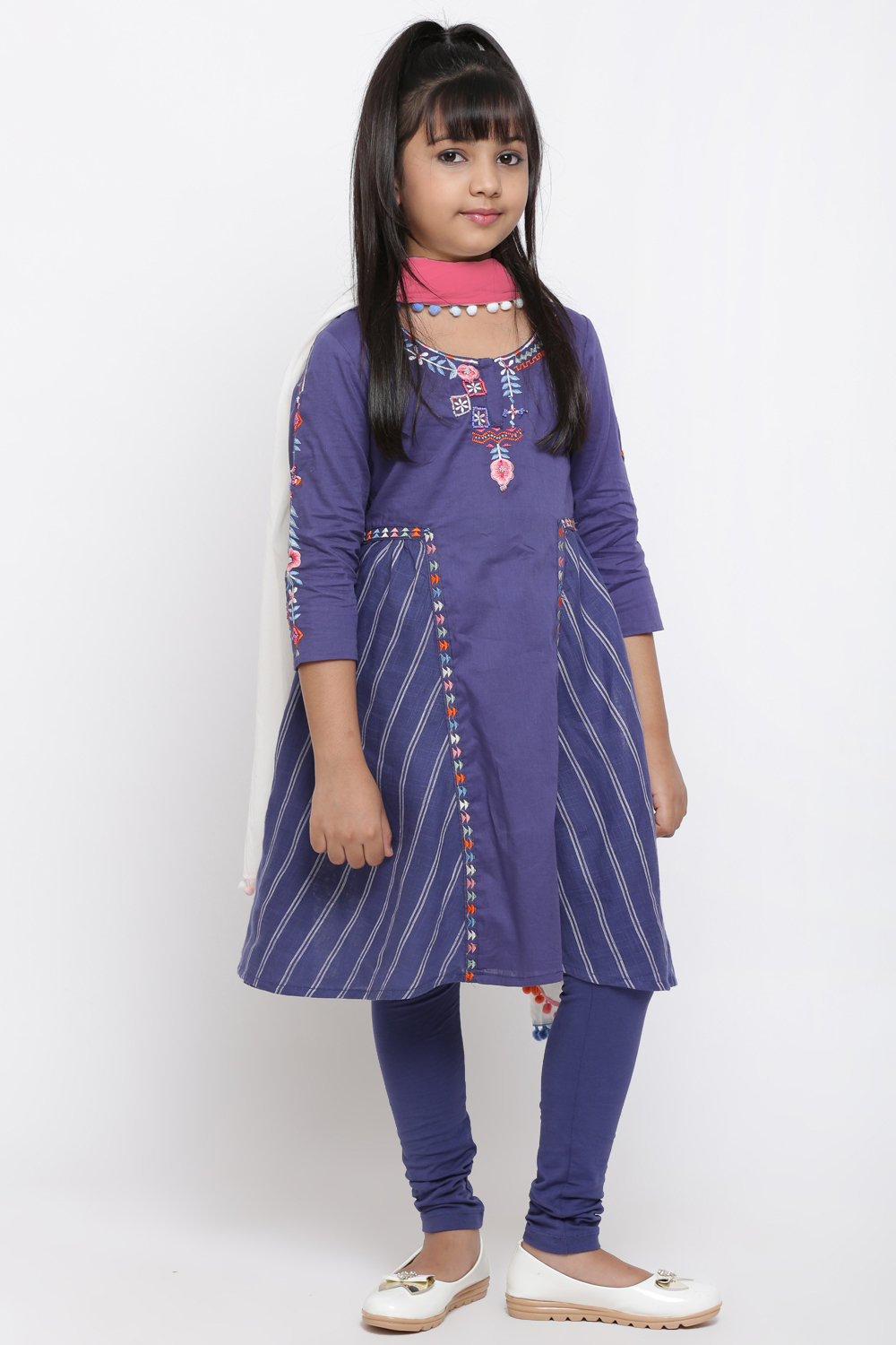 Blue Cotton A-Line Kurta Churidar Suit Set image number 4