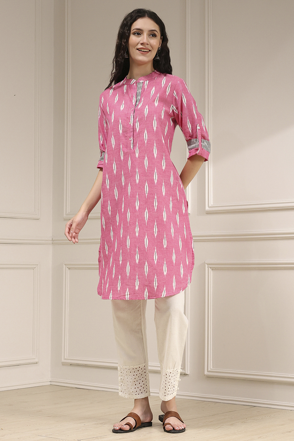 Pink Cotton Straight Yarndyed Kurta image number 5