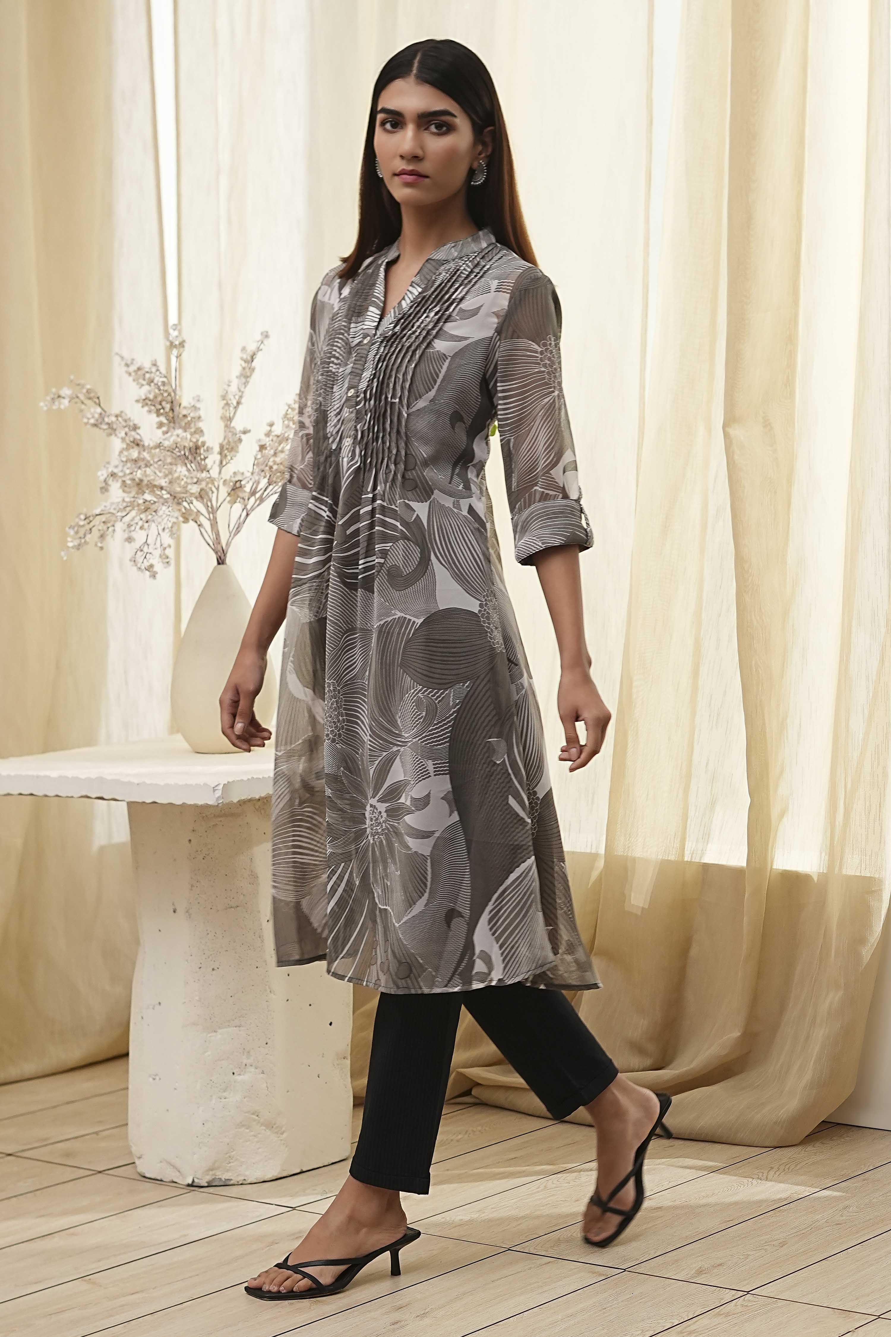 Blue Printed Pleated A-Line Kurta image number 2