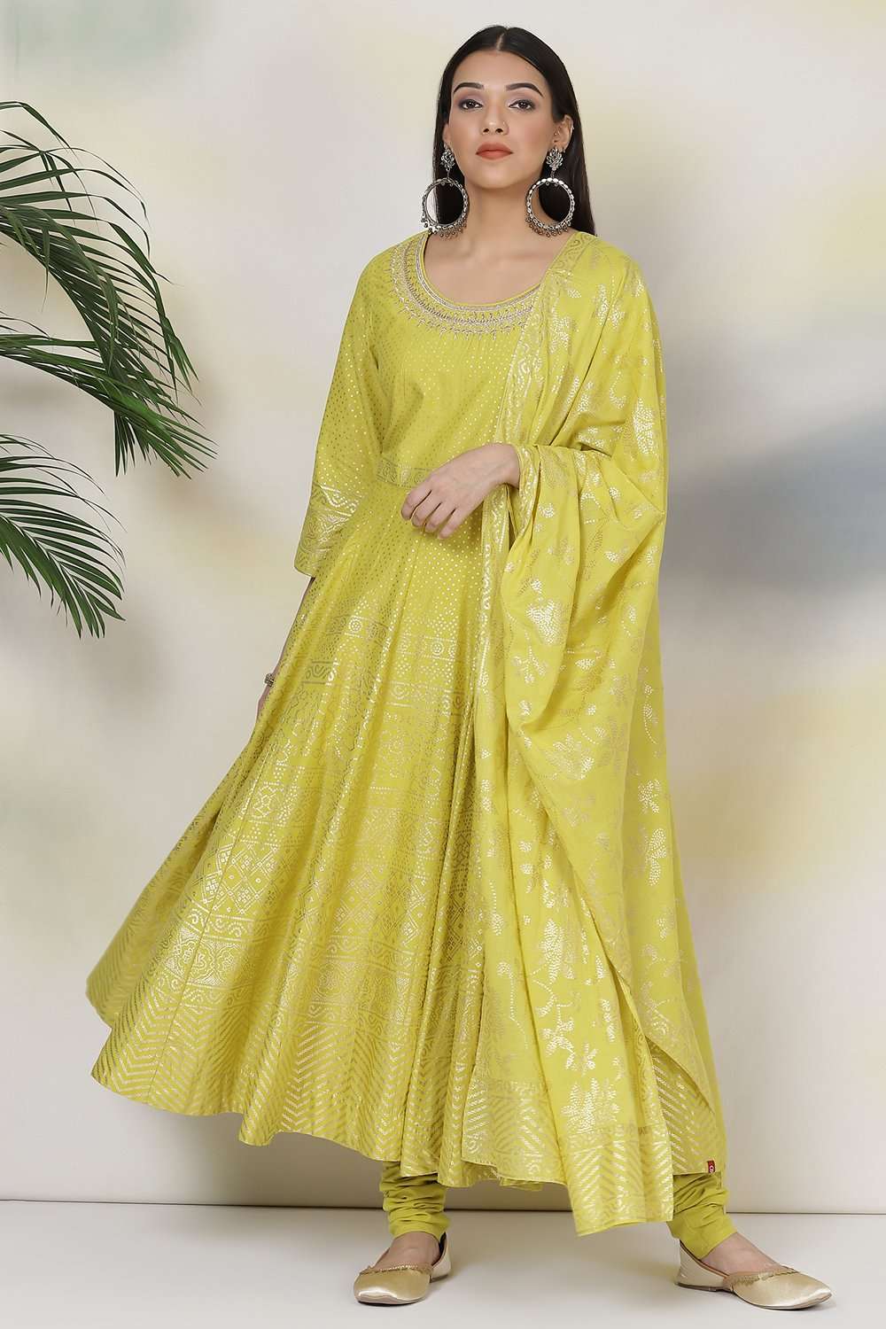 Buy Lime Green Cotton Anarkali Kurta Churidar Suit Set (Kurta