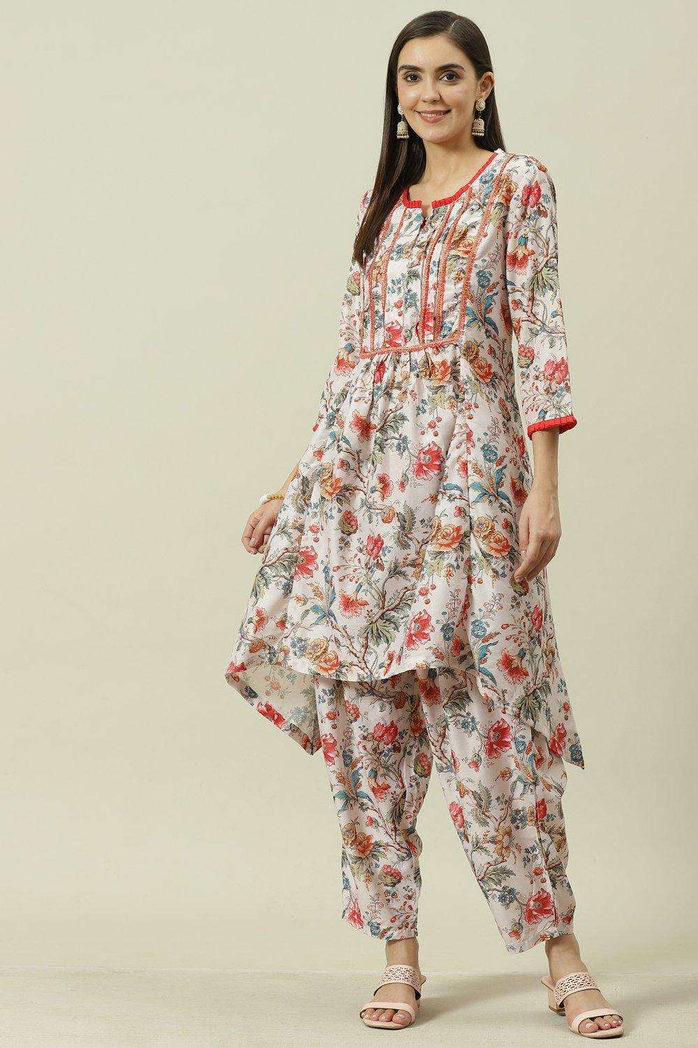 Multicolored Printed Asymmetric Kurta Relaxed Salwar Suit Set Biba India