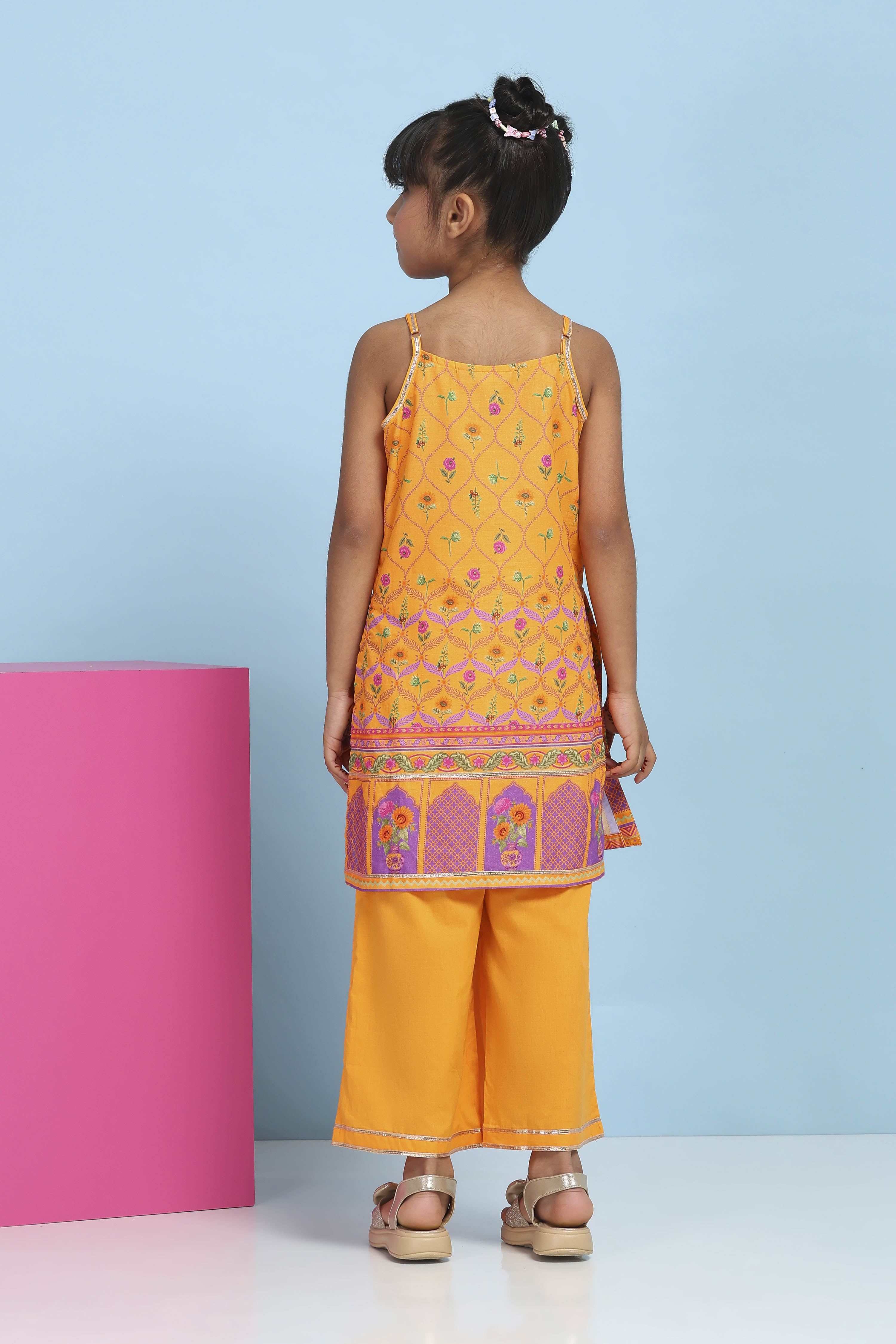 Orange Cotton Printed Straight Suit Set image number 4