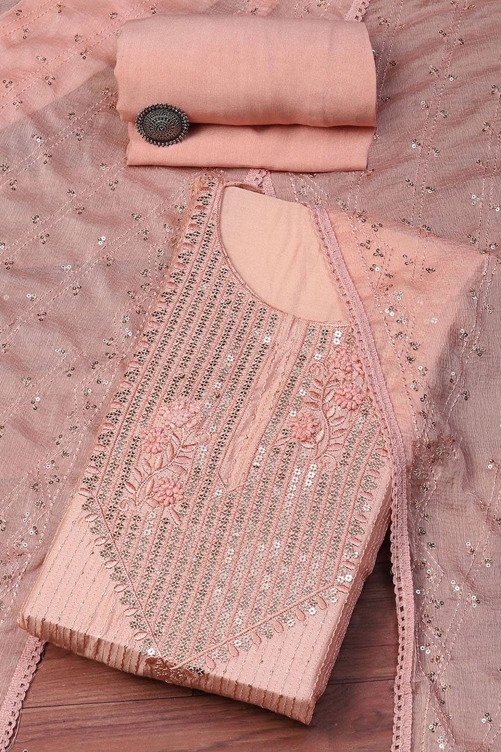 Peach Chanderi Hand Embroidered Unstitched Suit Set image number 0