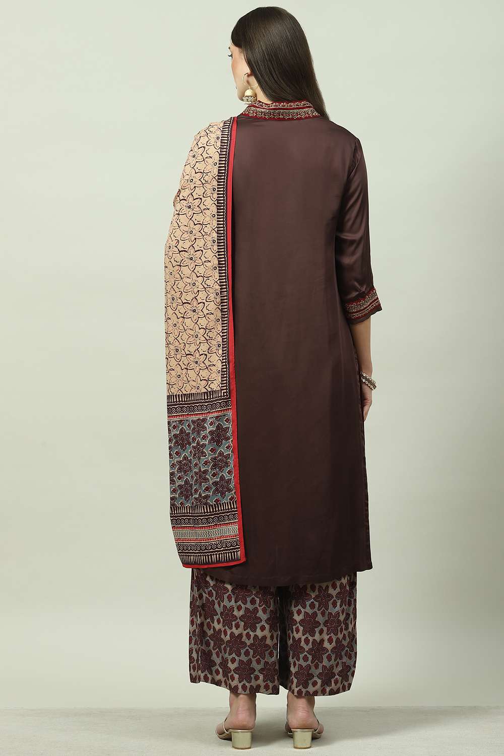 Brown Viscose Straight Kurta Palazzo Suit Set image number 4