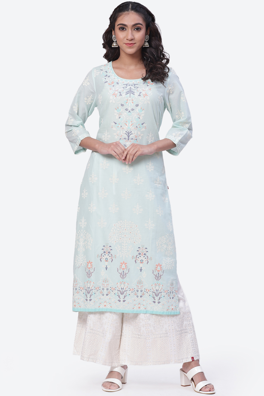 Aqua Blue Cotton Straight Suit Set image number 0