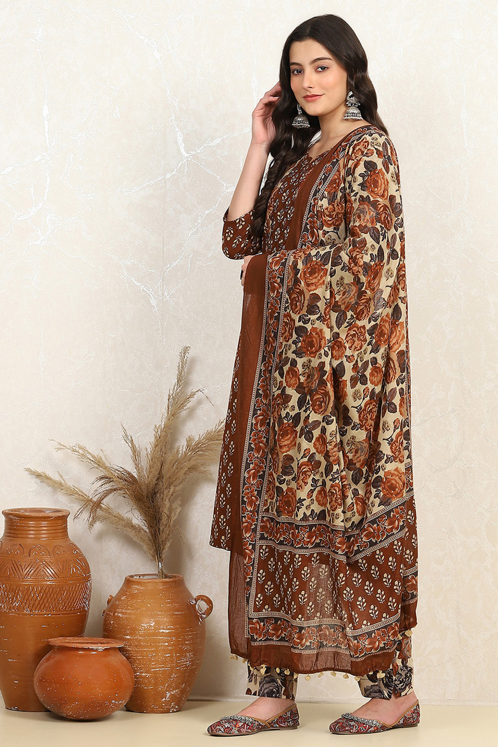 Rust Cotton Unstitched Suit Set image number 4