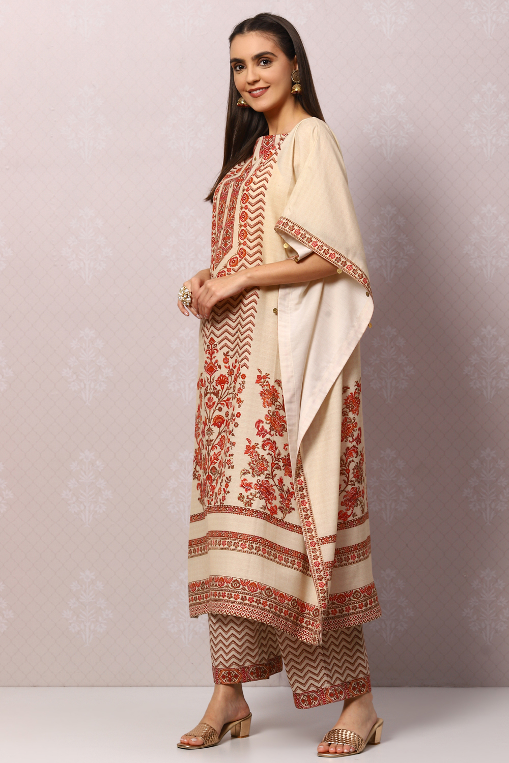 Black Art Silk Kaftan Kurta Palazzo Suit Set image number 3