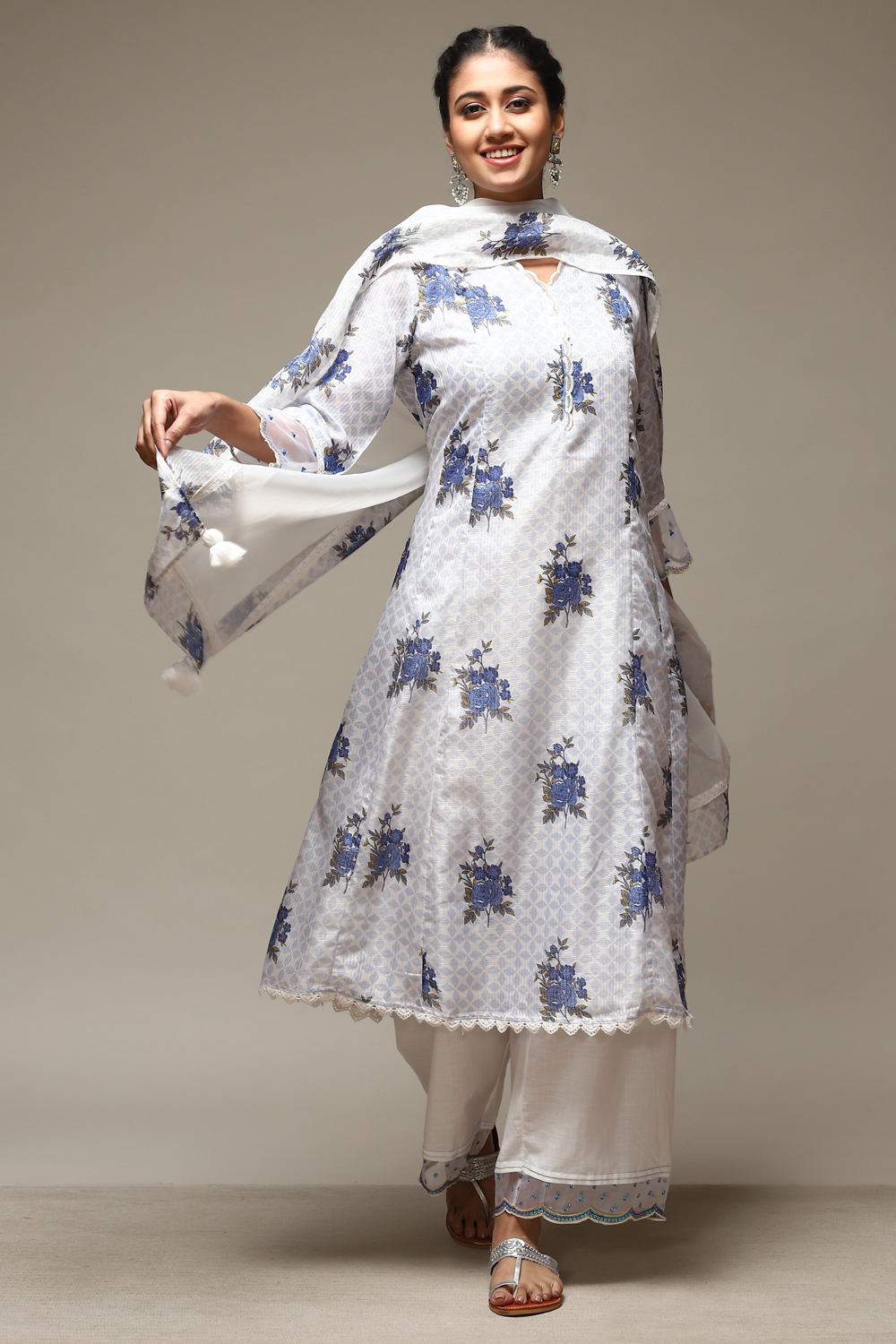 Off White Cotton Blend A-Line Kurta Palazzo Suit Set image number 0