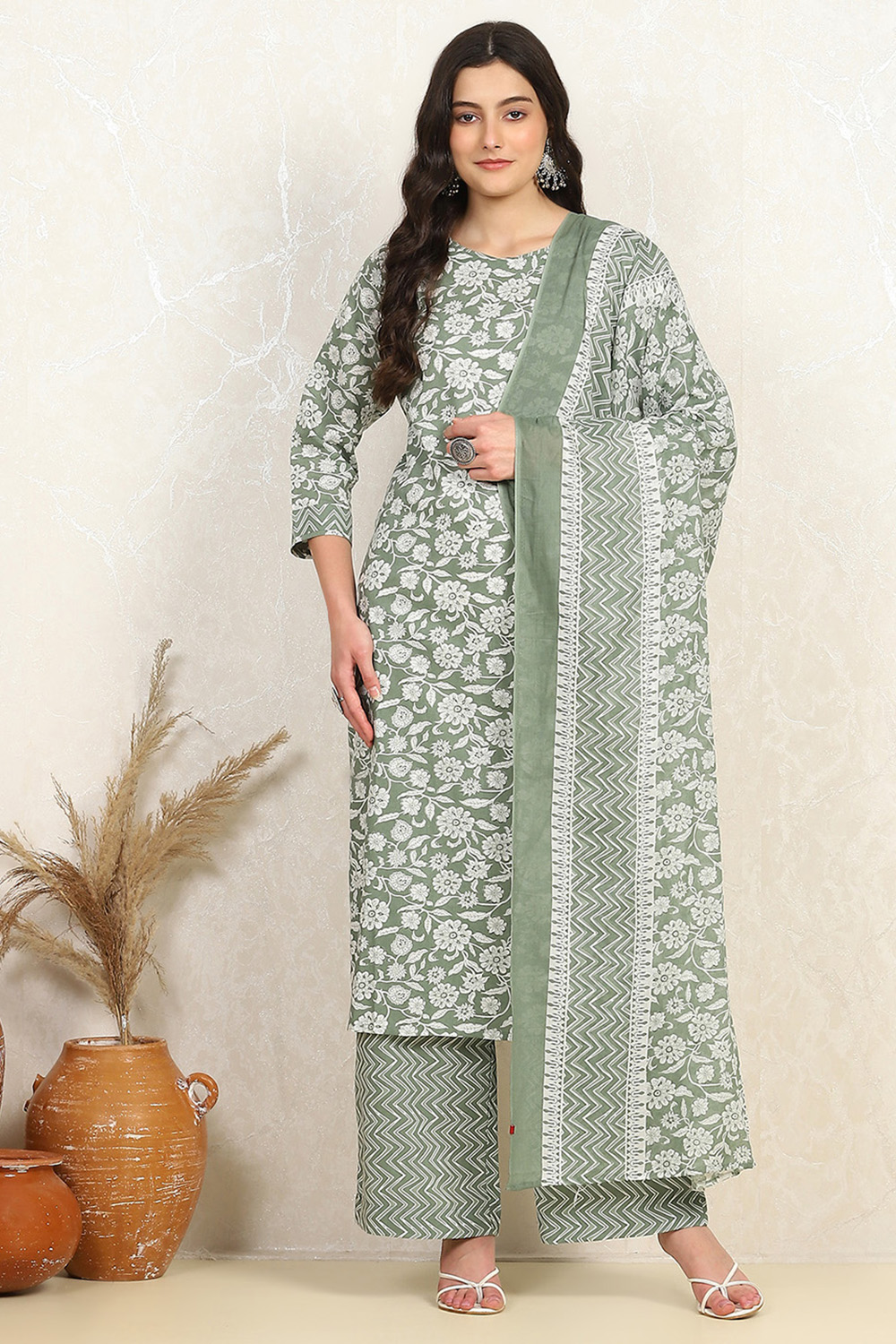 Mustard Cotton Screen Print Unstitched Suit Set image number 7