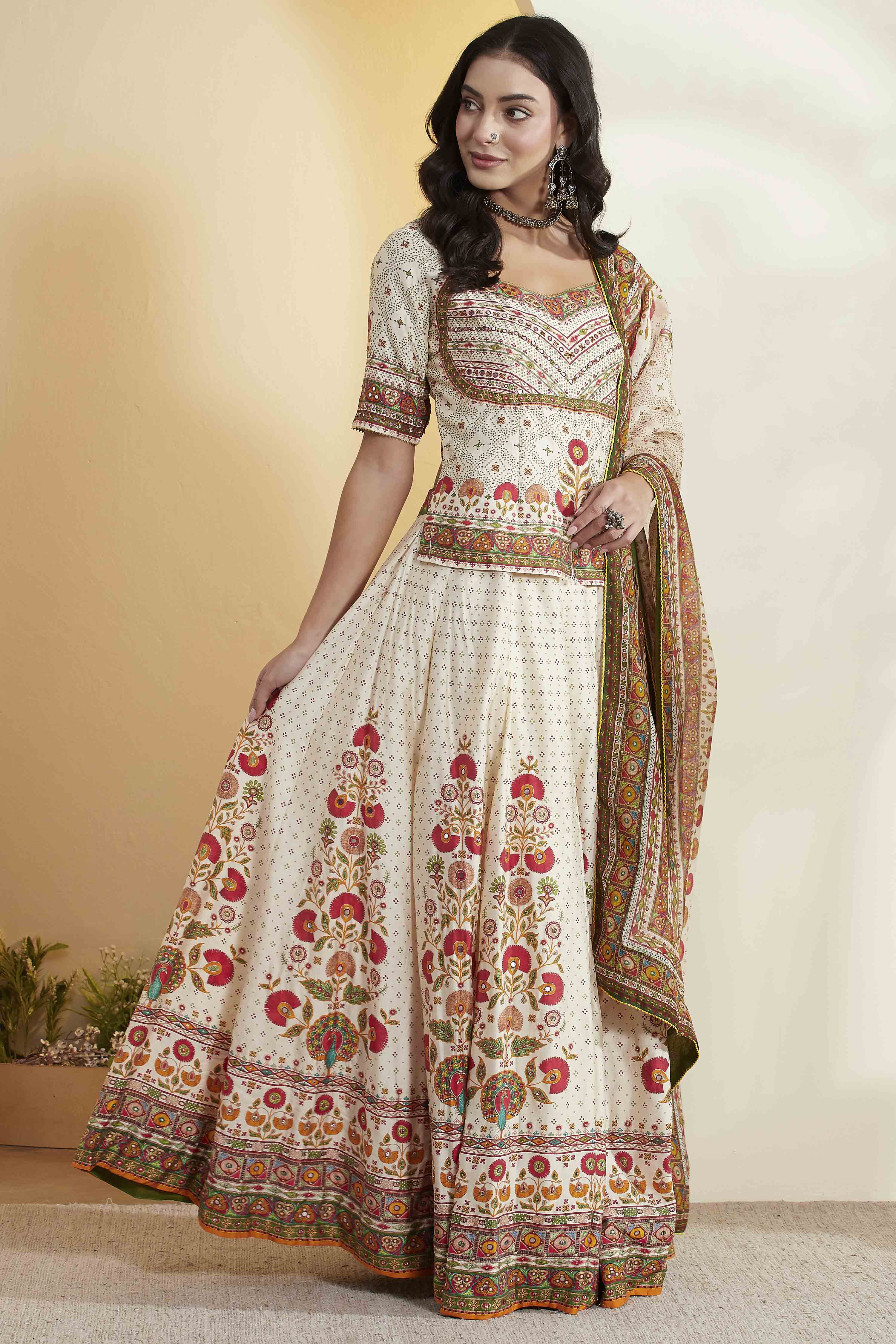 Navy Blue Cotton Silk Printed Lehenga Set image number 5