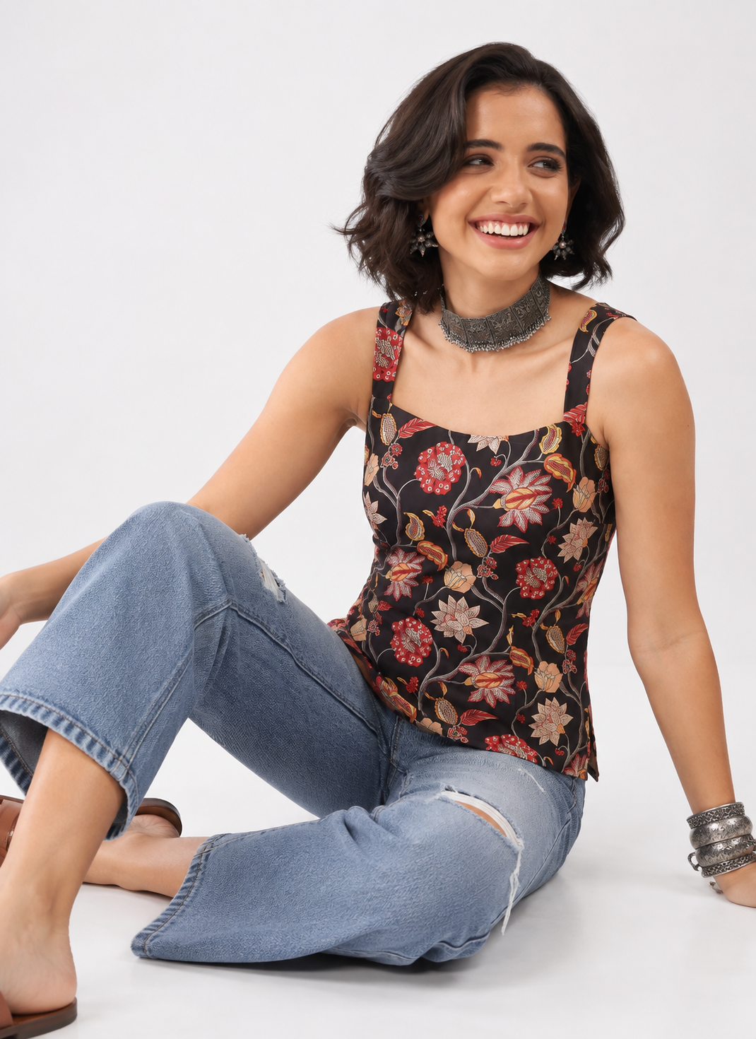 Black Cotton Floral Printed Straight Top image number 0