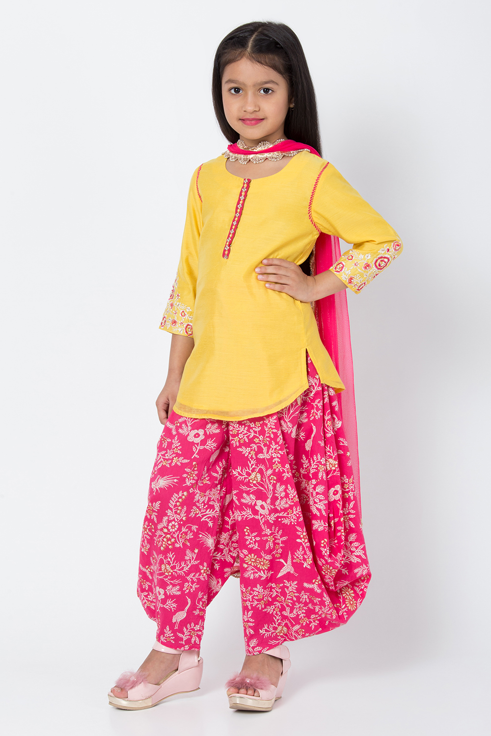 Yellow & Pink Art Silk Straight Kurta Dhoti Pant Suit Set image number 0