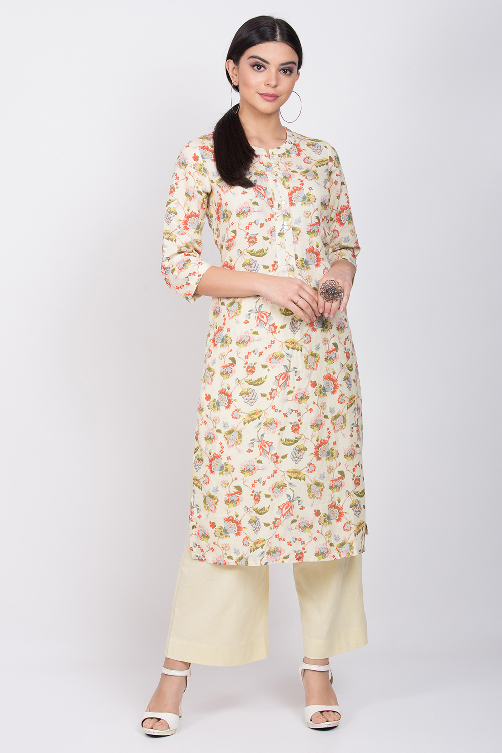 Cream Cotton Linen Kurta Pants Set image number 0