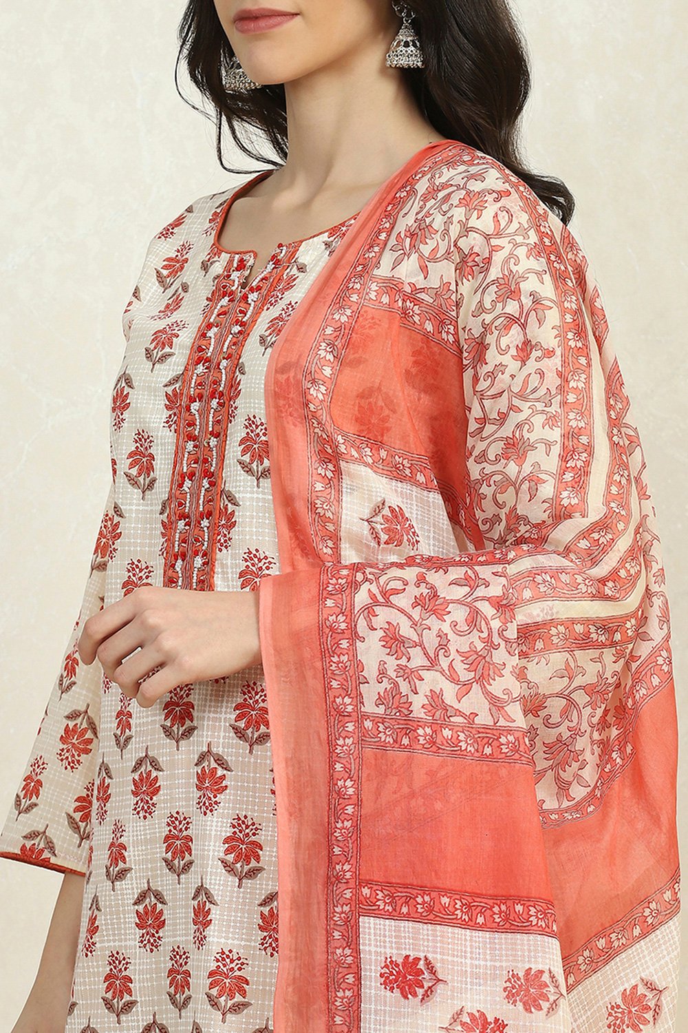 Orange Cotton Printed Embroidered Unstitched Suit Set image number 2
