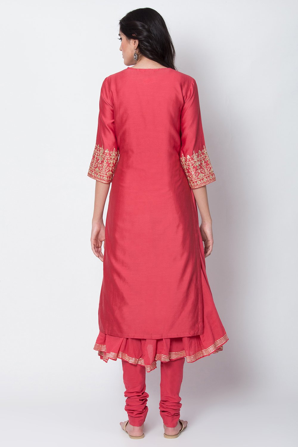 Coral Cotton Blend Flared Kurta Churidar Suit Set image number 5