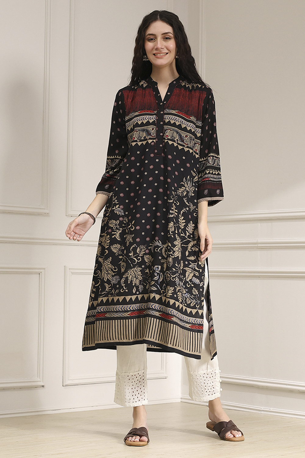 Black Viscose Rayon Straight Printed Kurta image number 5