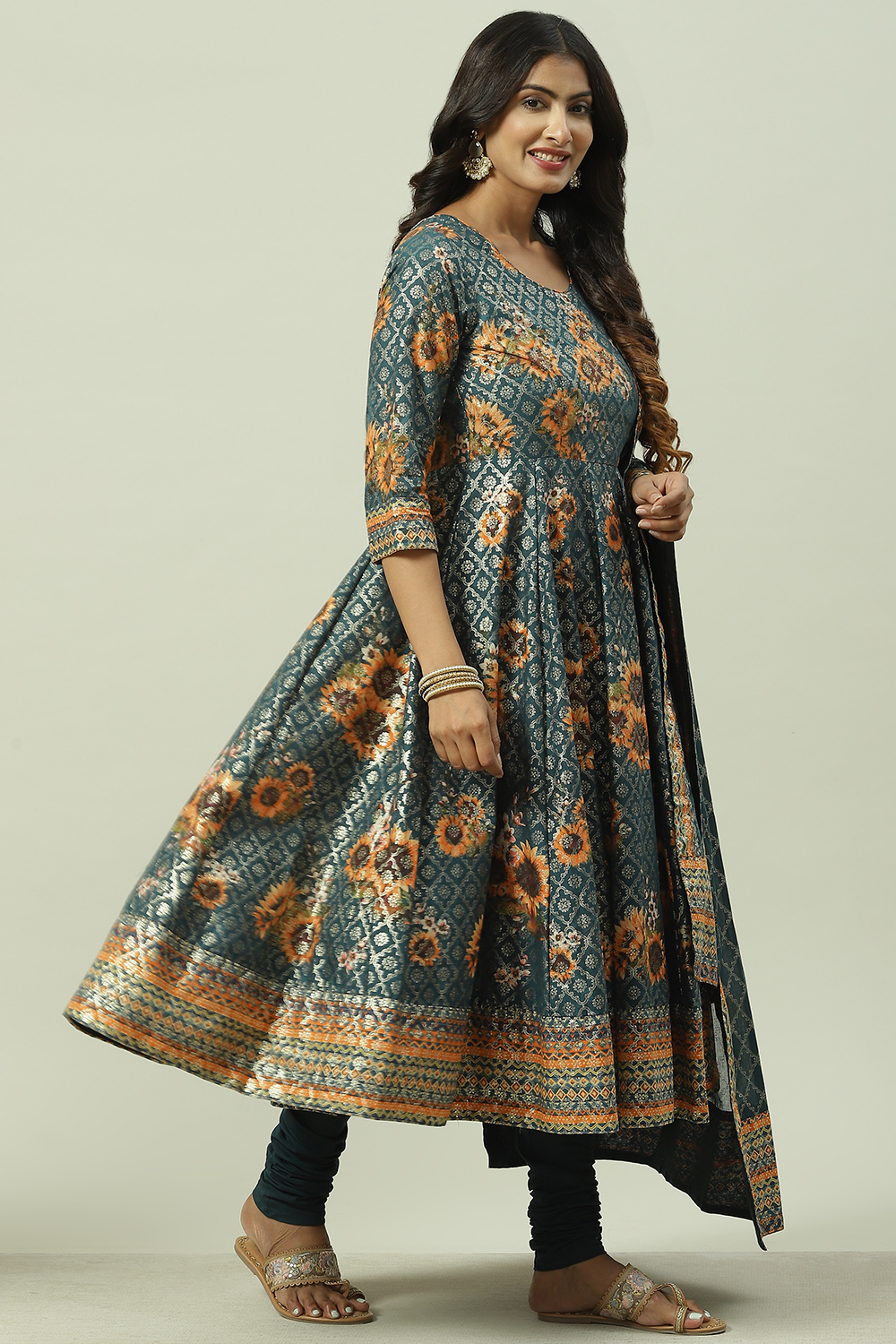 Peacock Blue Cotton Anarkali Kurta Churidar Suit Set image number 6