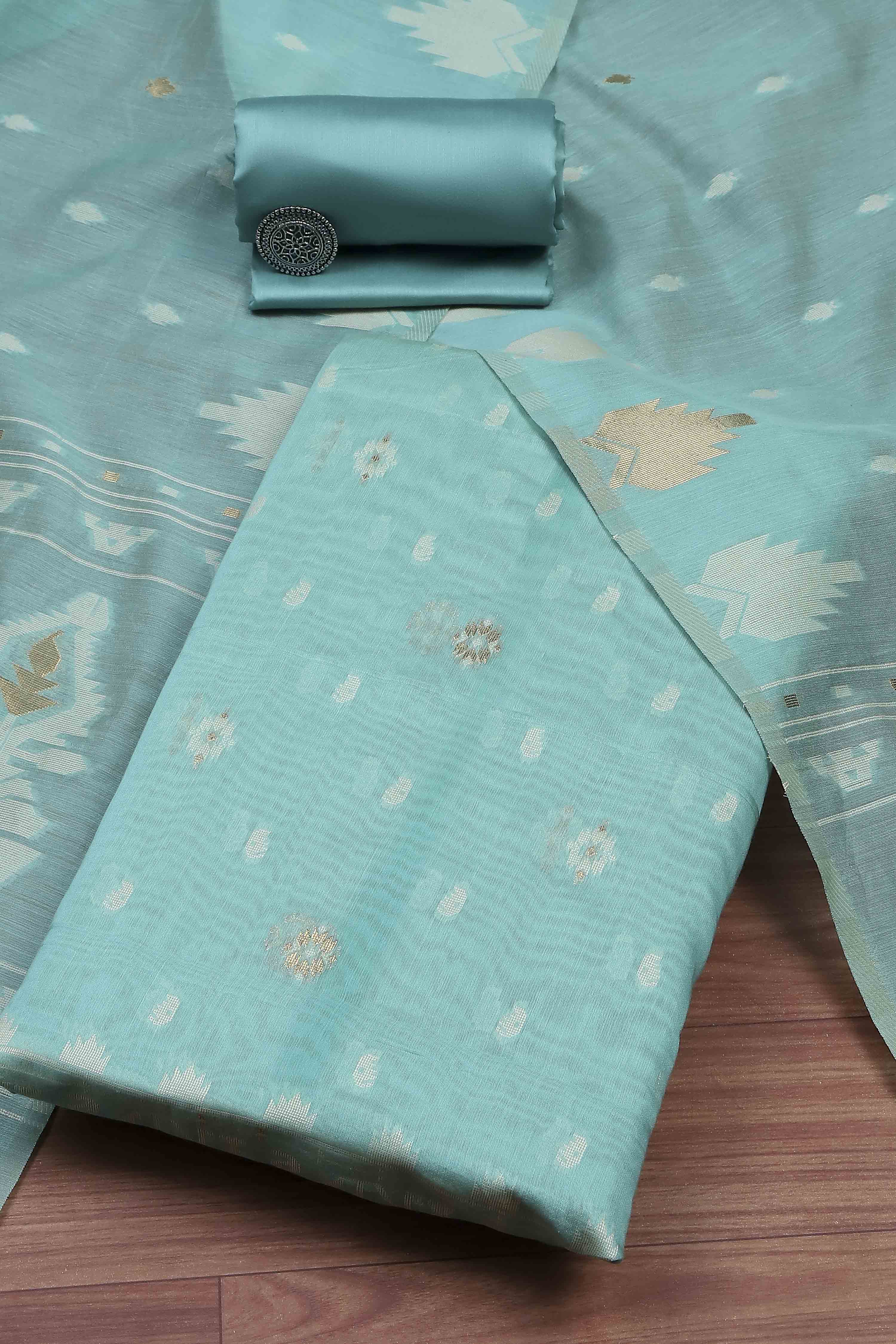 Light Blue Cotton Jamdani Unstitched Suit Set image number 0