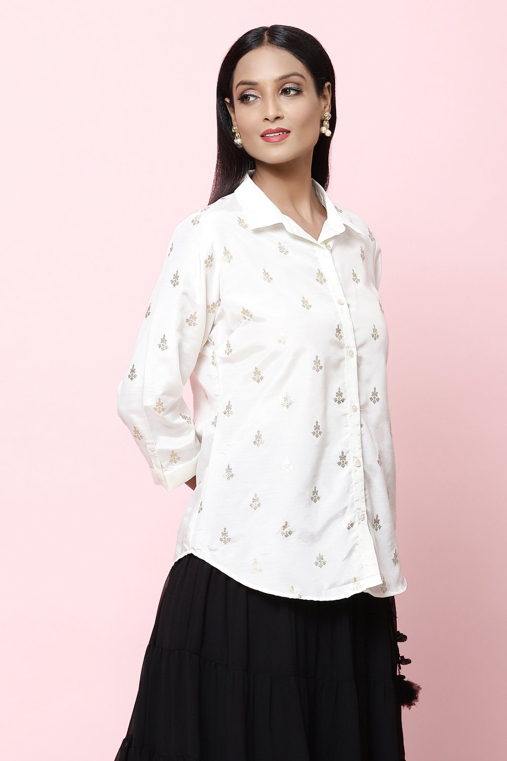Off White Straight Art Silk Printed Short Kurti image number 4