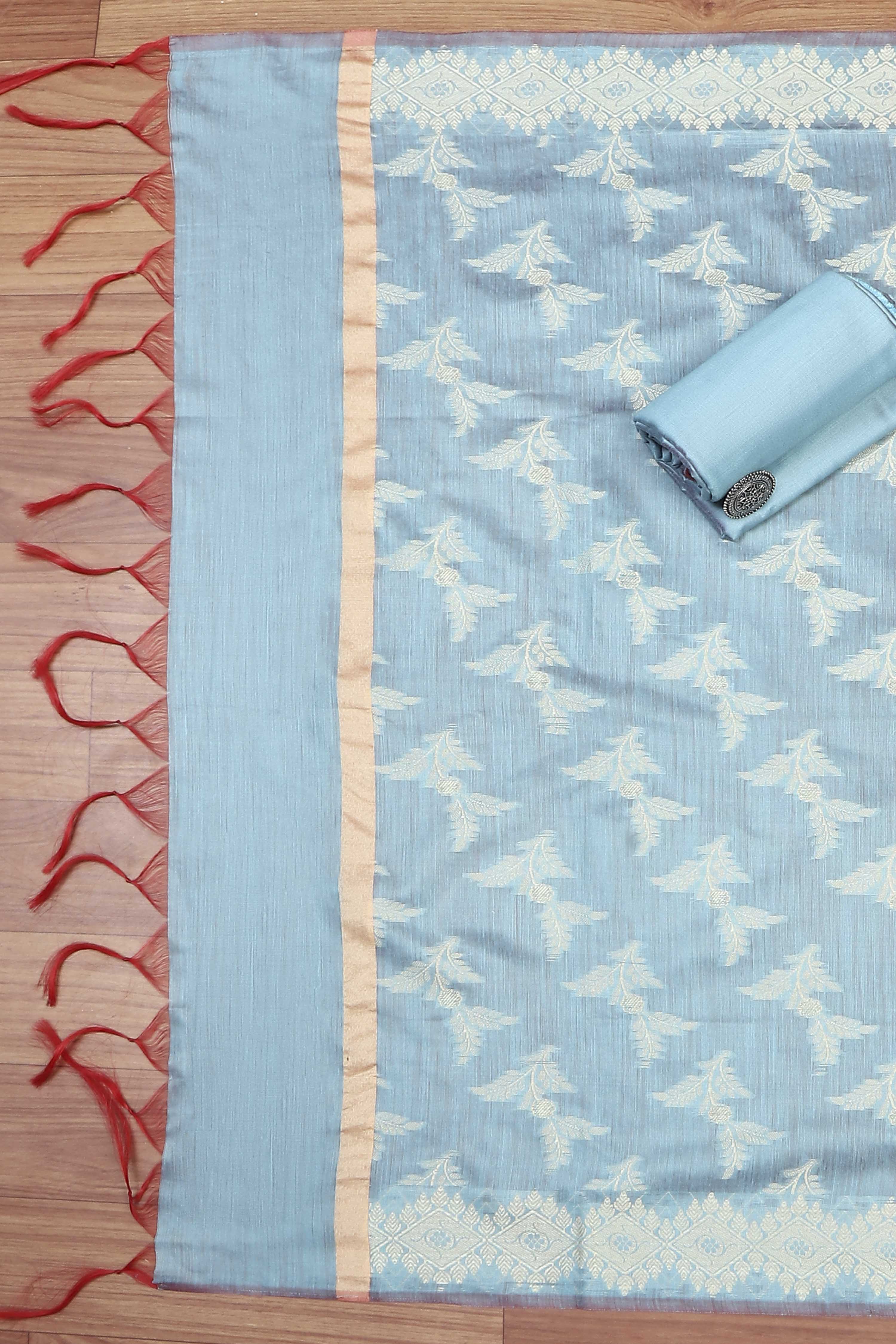 Blue Cotton Printed Embroidered Unstitched Suit Set image number 3