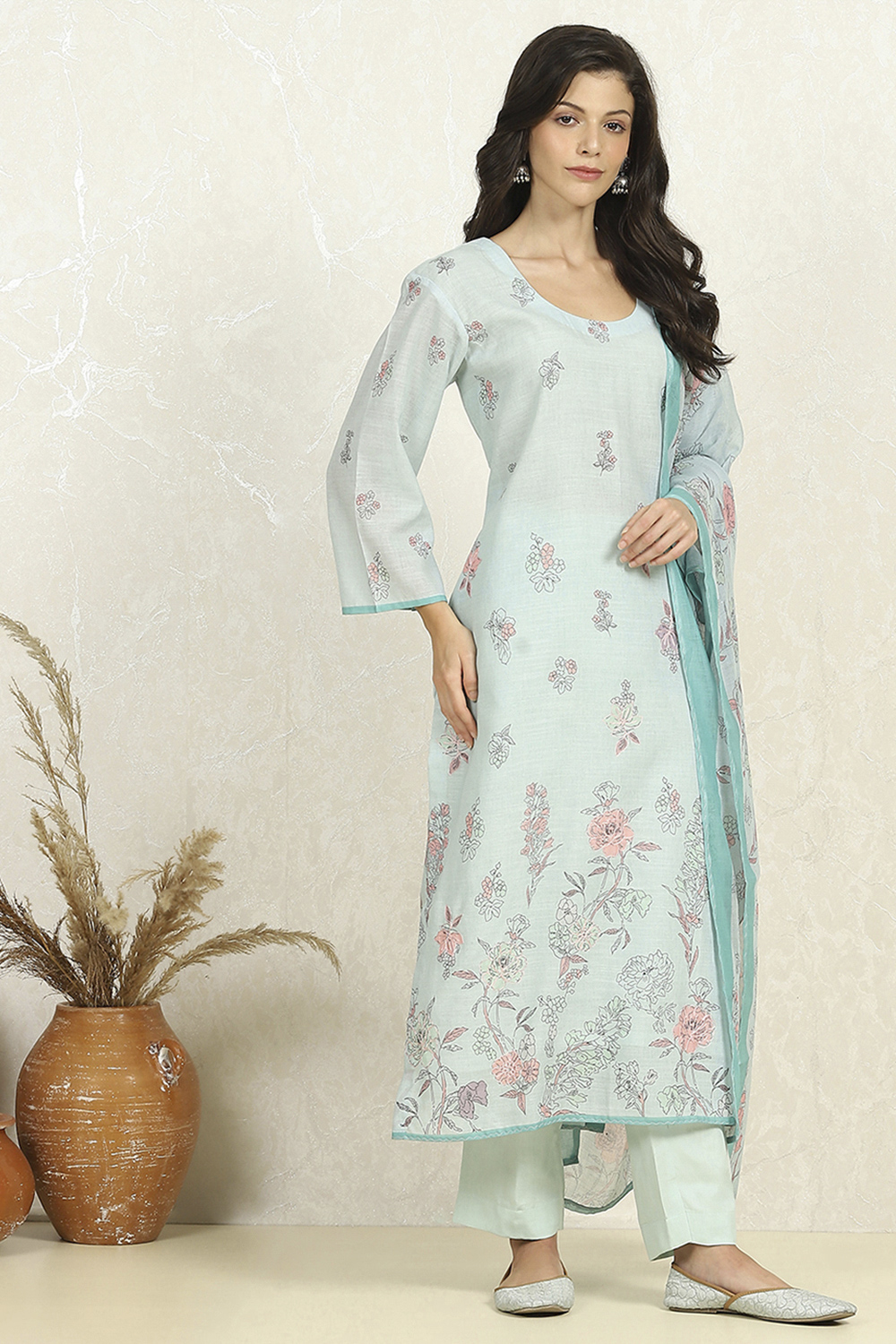 Sea Green Linen Unstitched Suit Set image number 6