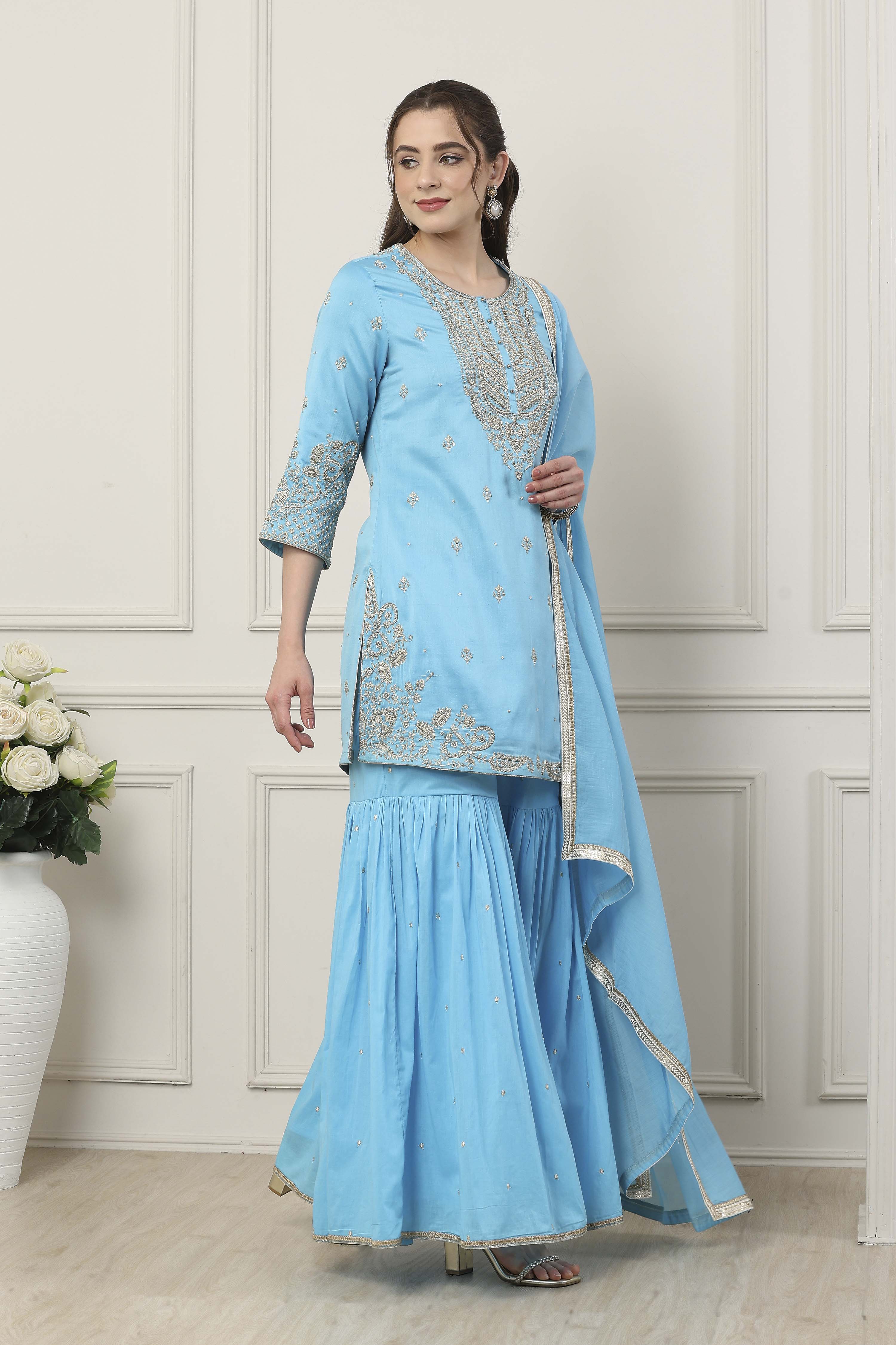 Yellow Silk Chanderi Sequin Embroidered Straight Suit Set image number 5