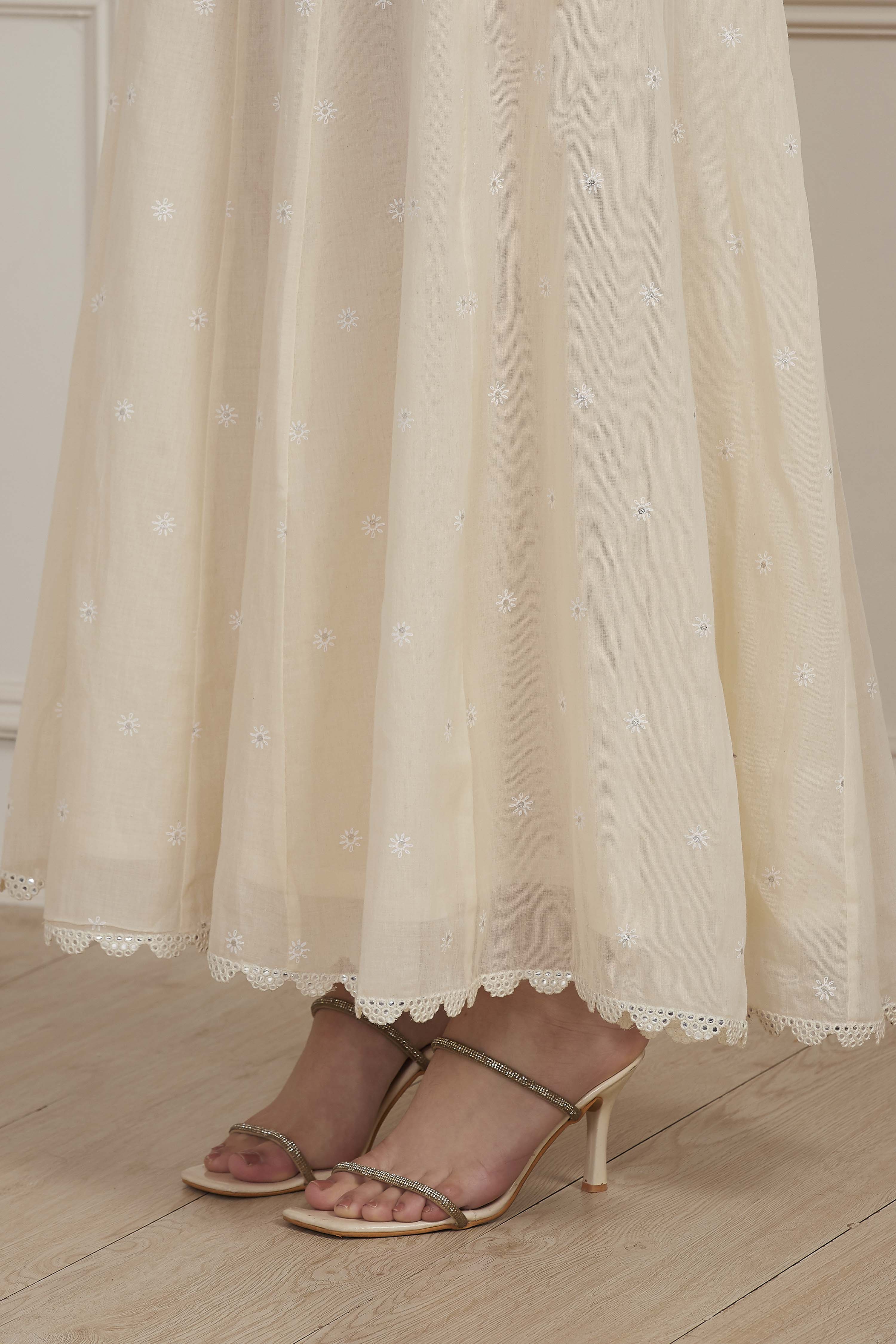 Ecru Cotton Embroidered Straight Sharara Suit Set image number 10