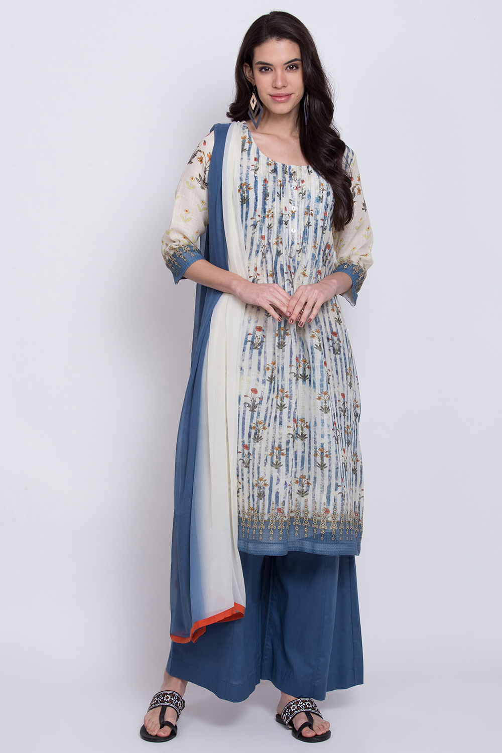 Cream And Indigo Art Silk Straight Kurta Flared Palazzo Suit Set image number 0