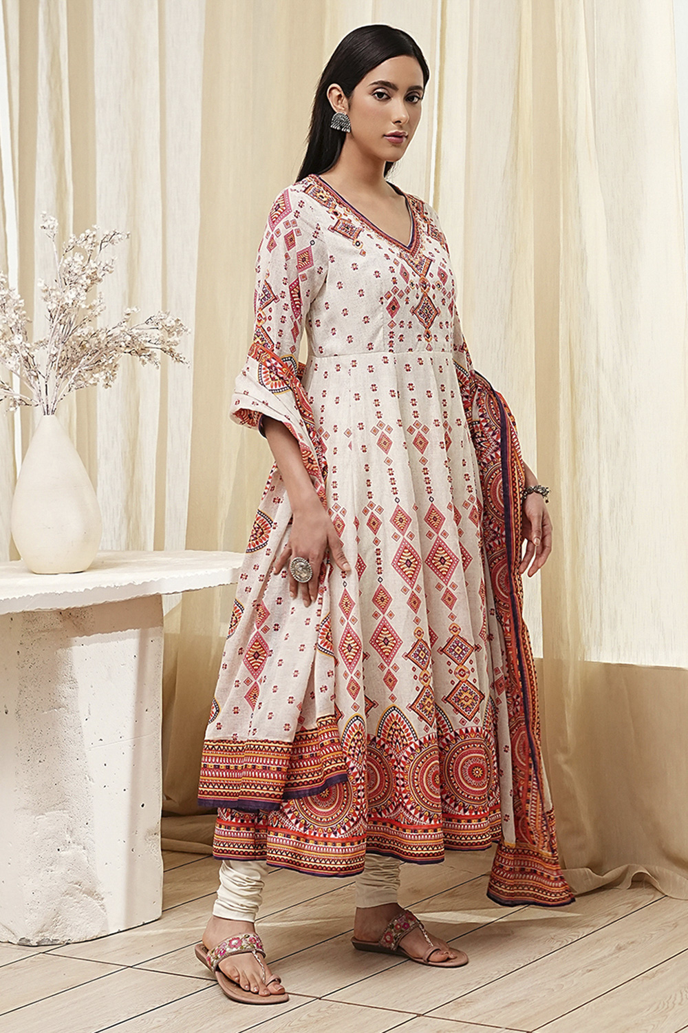 Ecru Cotton Printed Anarkali Suit Set image number 5