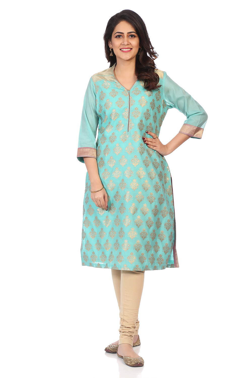 Green Poly Metallic Cotton Straight Printed Kurta image number 0