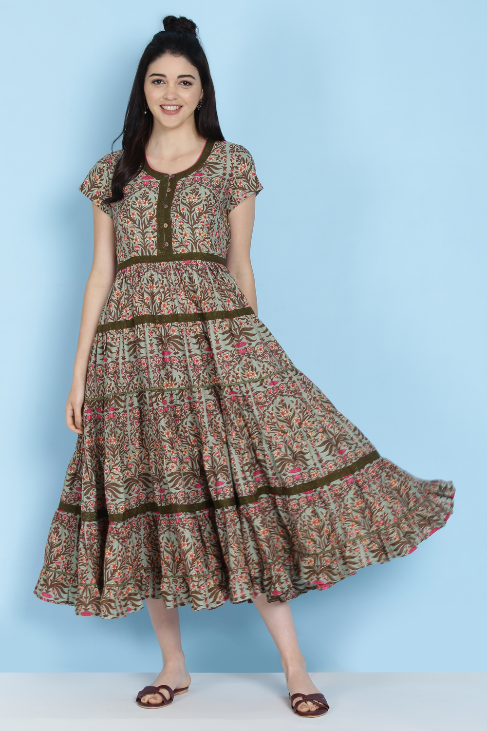 Sage Green Cotton Fusion Wear Dress image number 2