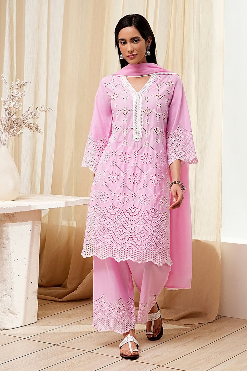 Pink Cotton Schiffli Straight Suit Set image number 6