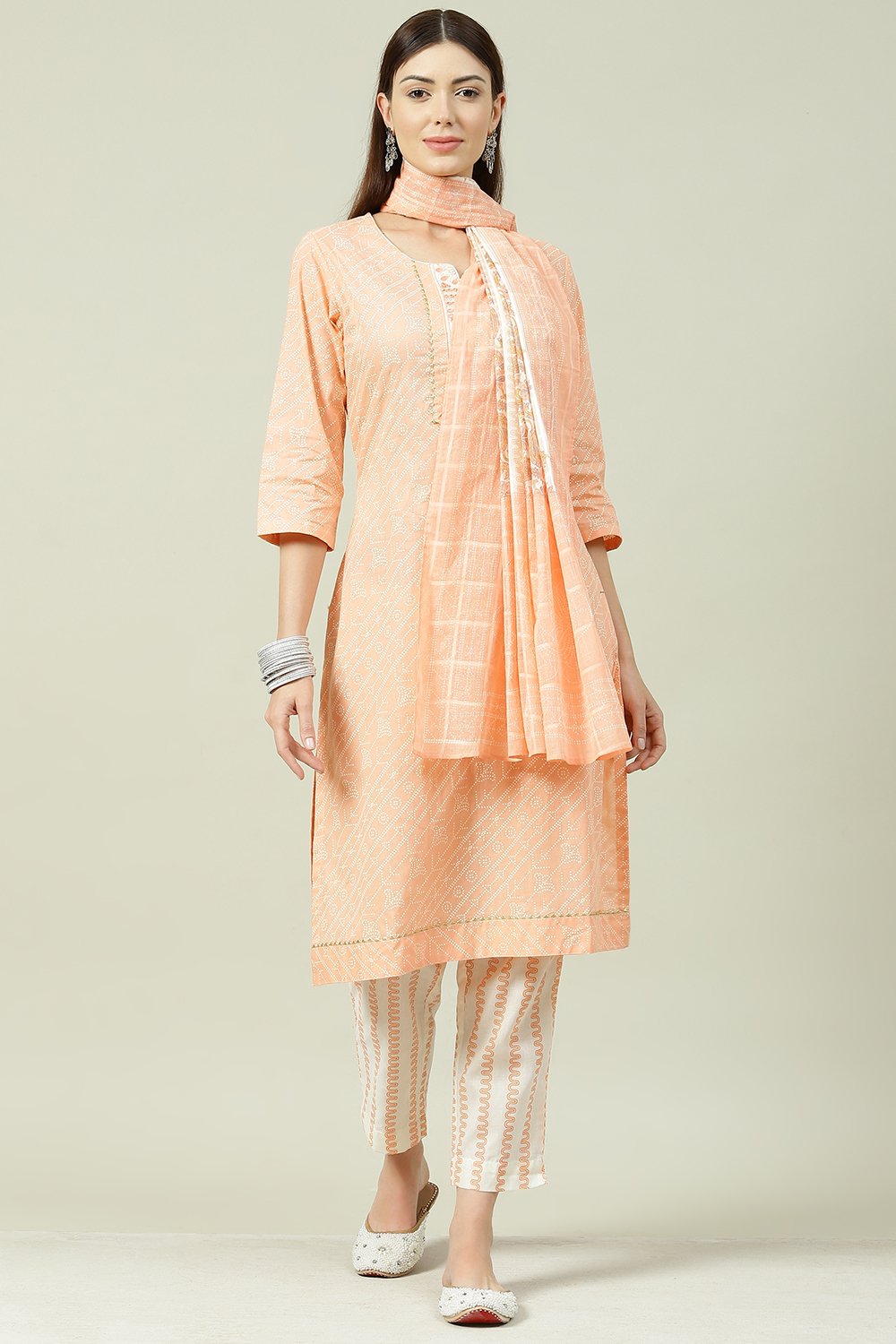 Orange Cotton Screen Print Unstitched Suit Set image number 0