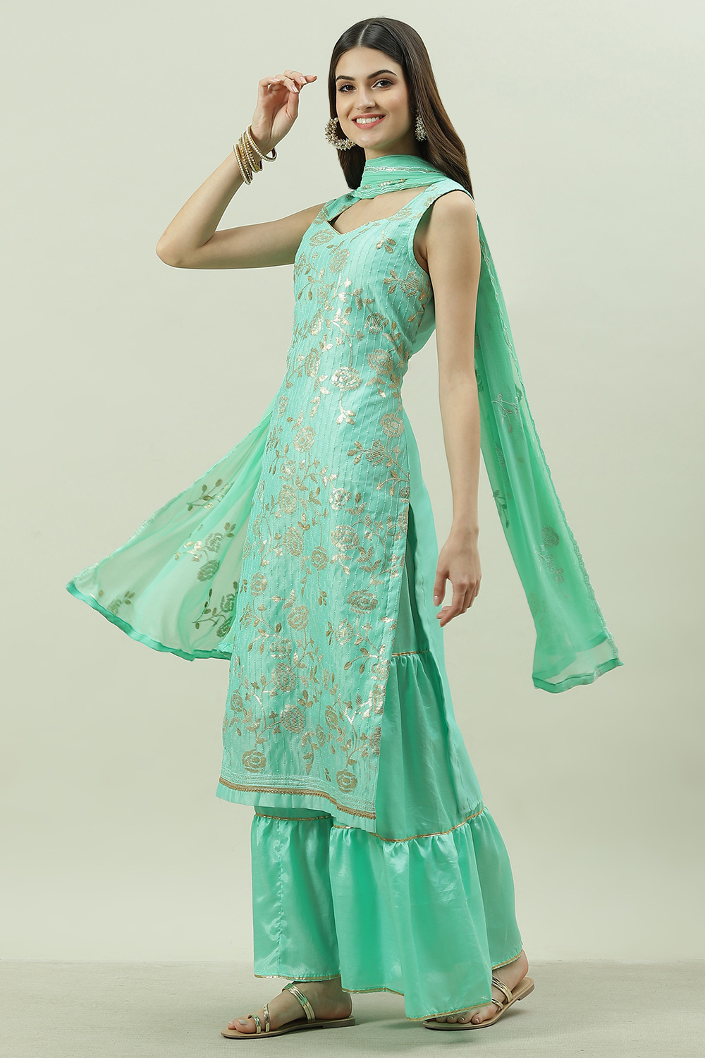 Turquoise Cotton Chanderi Silk Unstitched Suit Set at Biba India