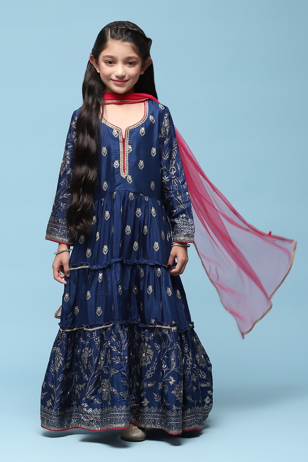 Navy Blue Viscose Tiered Kurta Printed Suit Set image number 7