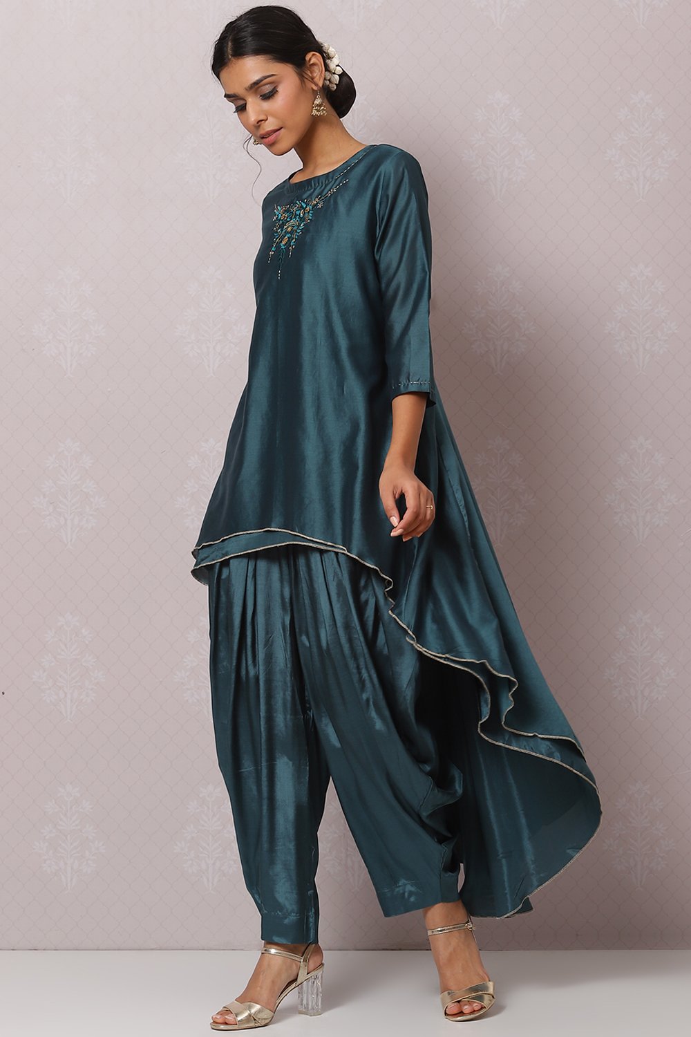 Teal Flared Cotton Silk Fusion Wear 2 Piece Set image number 2