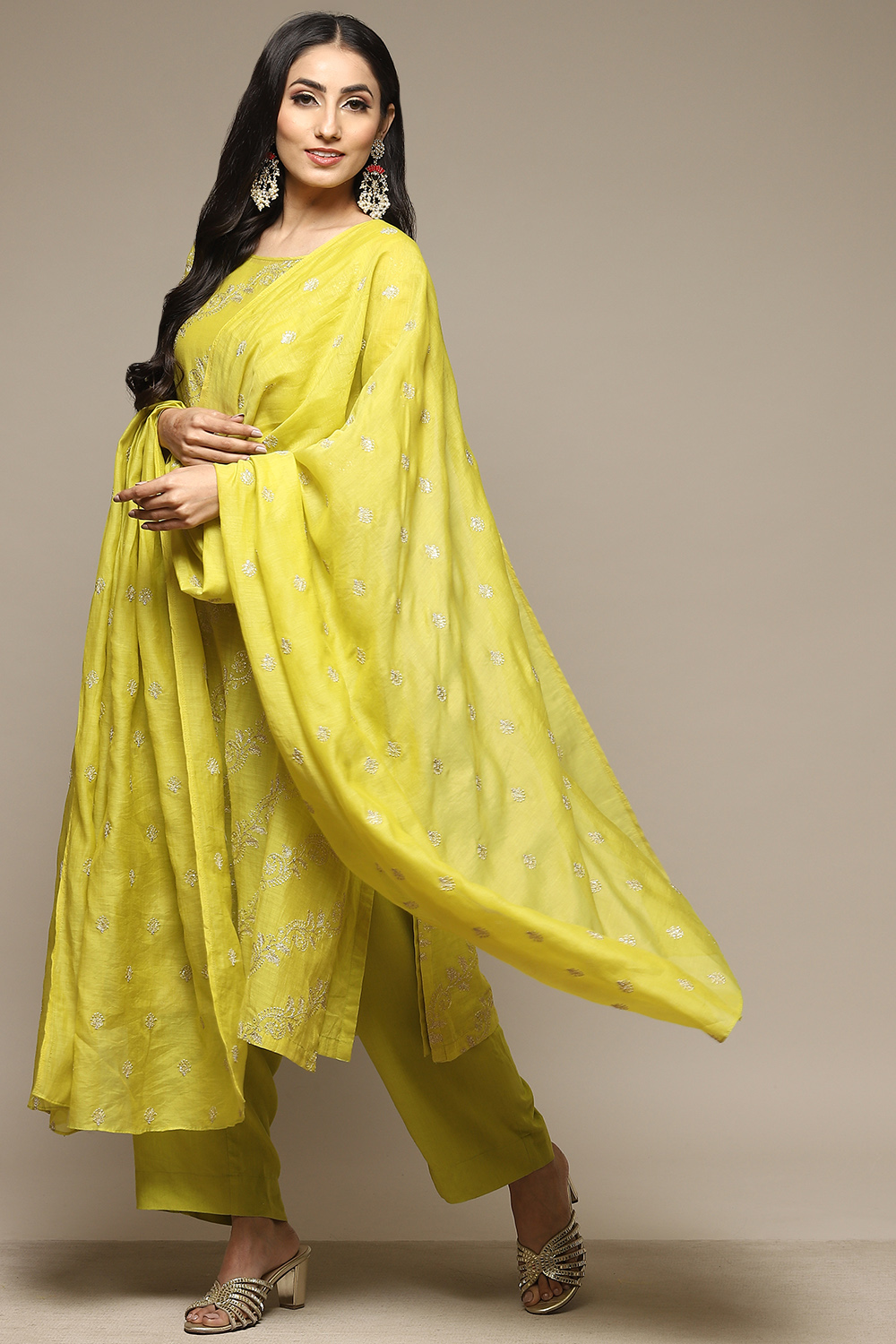 Florescent Green Cotton Blend Layered Kurta Palazzo Suit Set image number 2